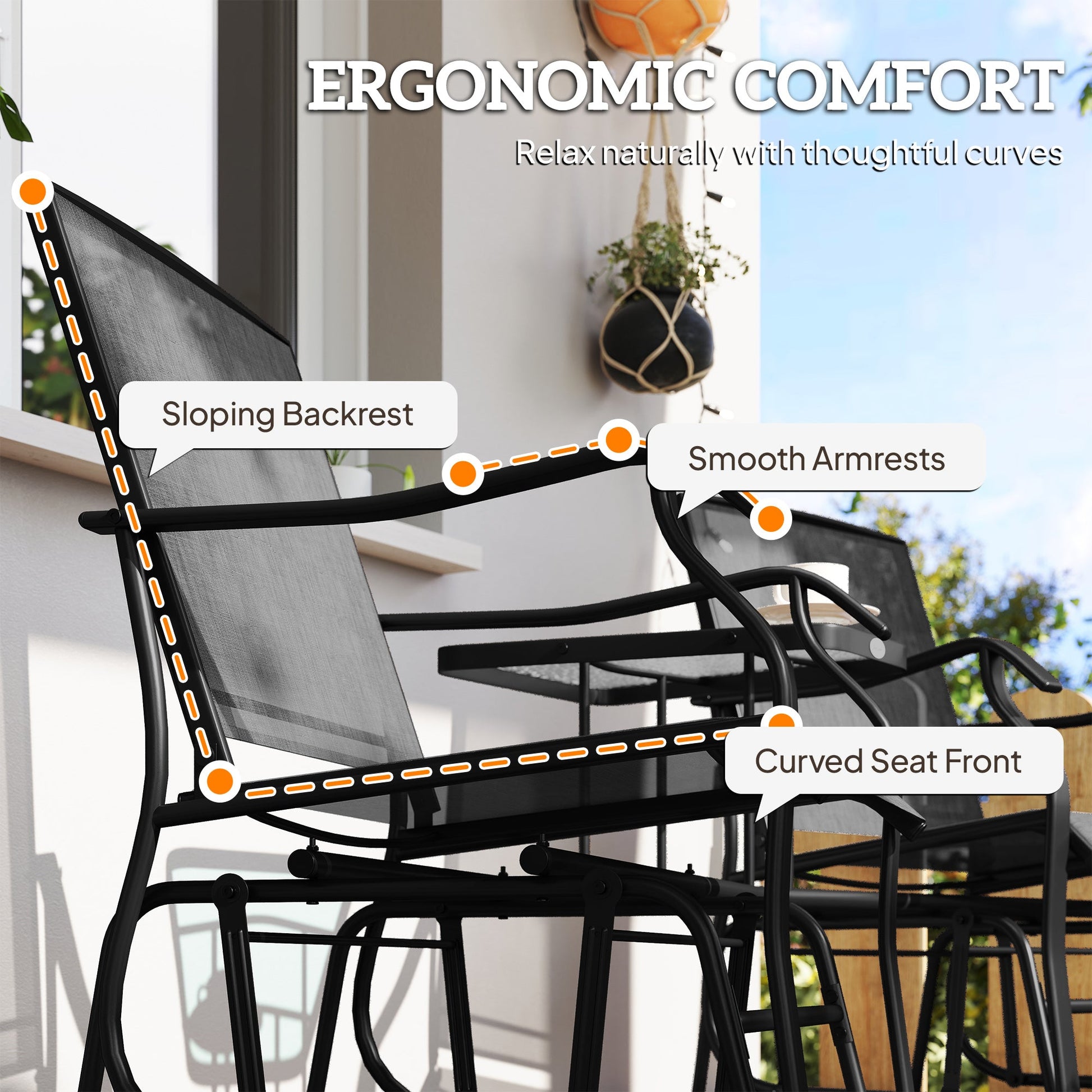 Double Patio Glider Chair with Glass Top Center Table, Outdoor Glider Loveseat with High Back,  All Weather Breathable Mesh Fabric for Garden, Backyard, Deck, Black