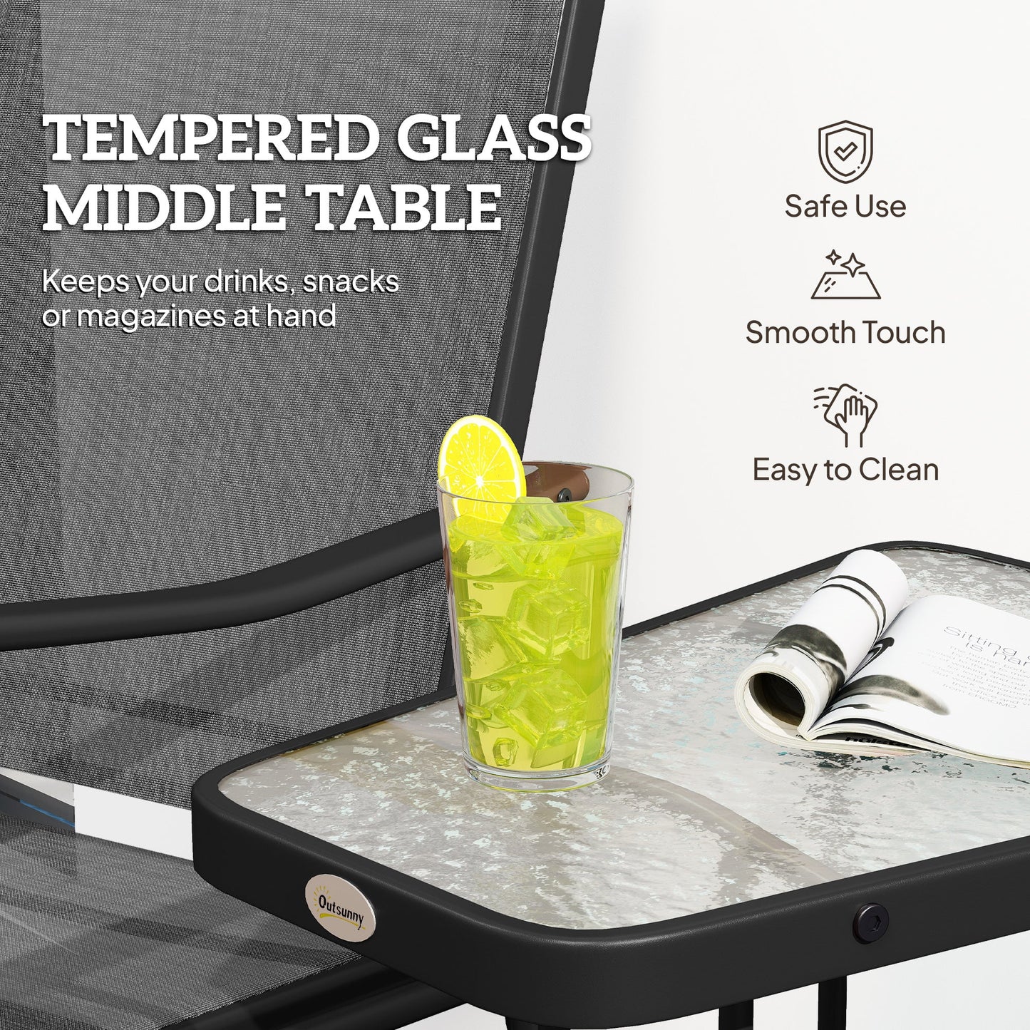 Double Patio Glider Chair with Glass Top Center Table, Outdoor Glider Loveseat with High Back,  All Weather Breathable Mesh Fabric for Garden, Backyard, Deck, Black