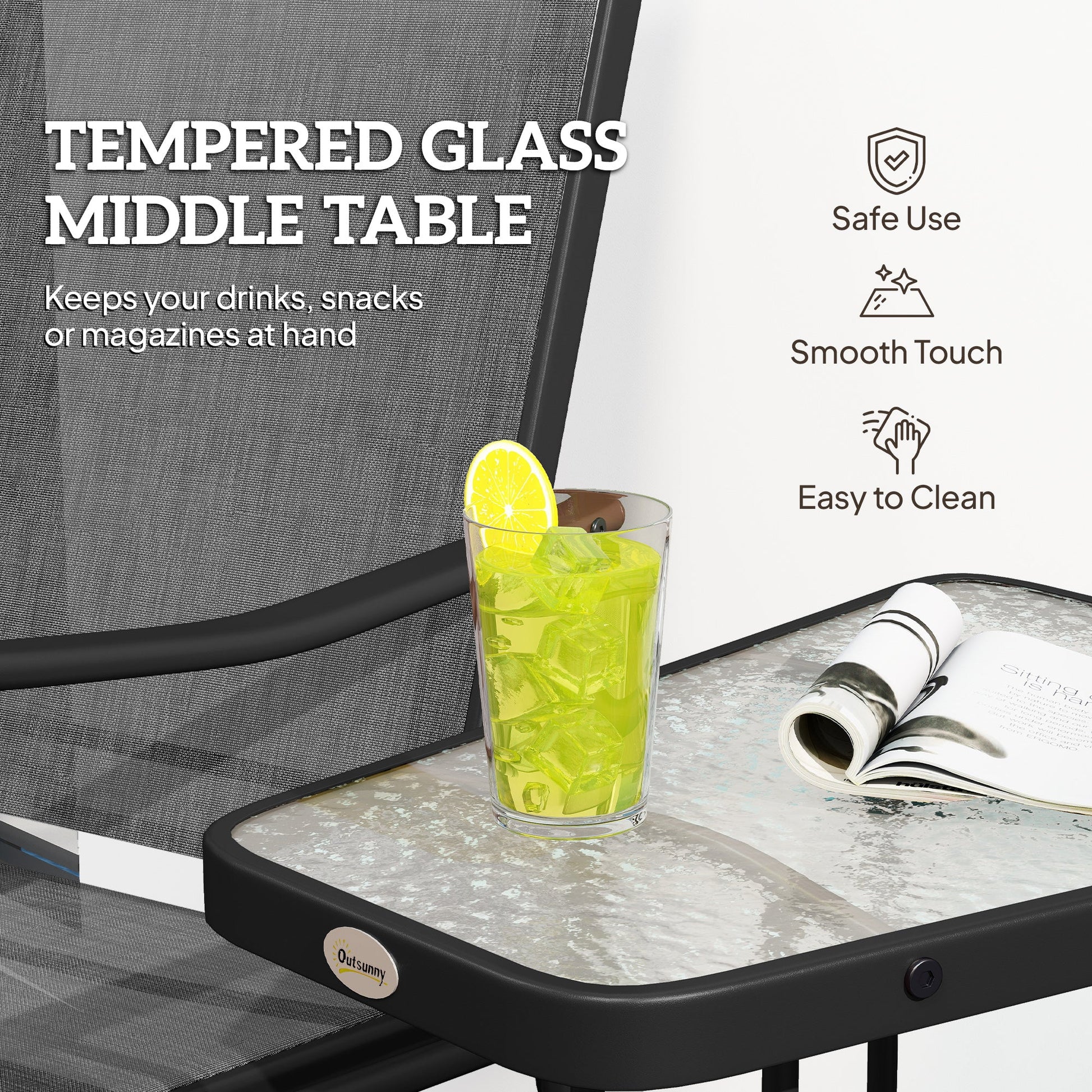Double Patio Glider Chair with Glass Top Center Table, Outdoor Glider Loveseat with High Back,  All Weather Breathable Mesh Fabric for Garden, Backyard, Deck, Black