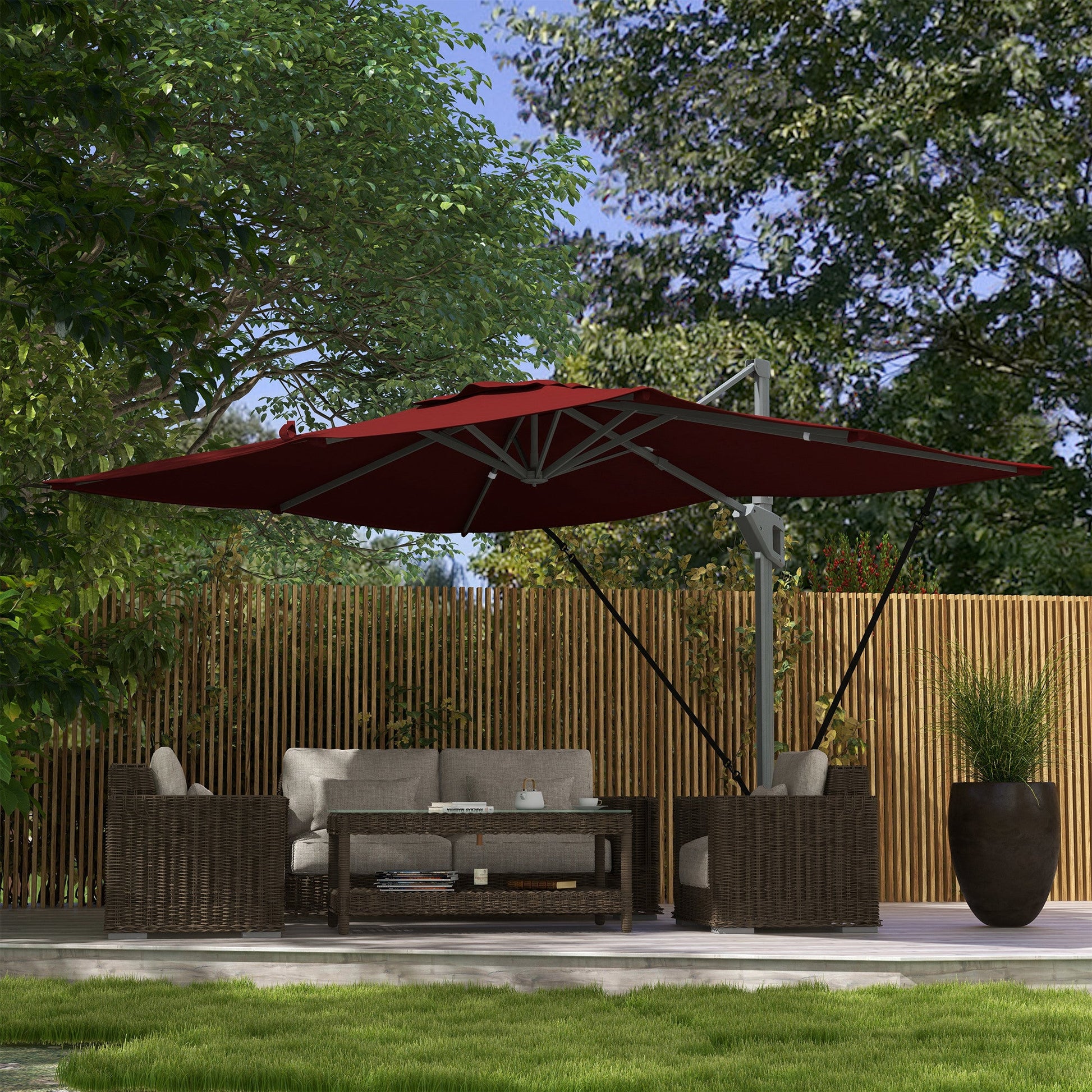 10' x 13' Cantilever Patio Umbrella with Windproof Straps, Aluminium Hanging Offset Umbrella with 4-Position Tilt, 360° Rotating Base, Vent, Outdoor Market Umbrella, Red