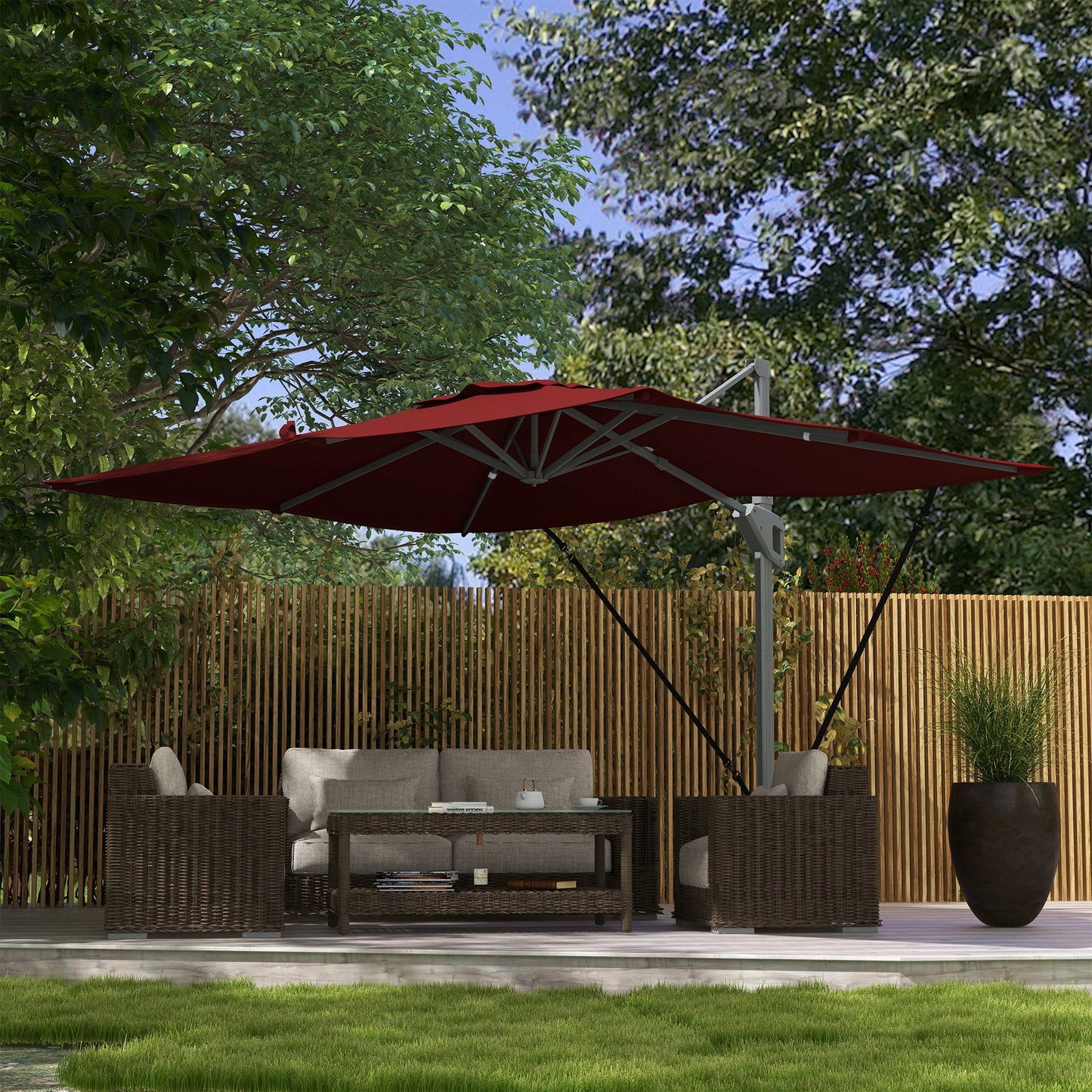 10' x 13' Cantilever Patio Umbrella with Windproof Straps, Aluminium Hanging Offset Umbrella with 4-Position Tilt, 360° Rotating Base, Vent, Outdoor Market Umbrella, Red