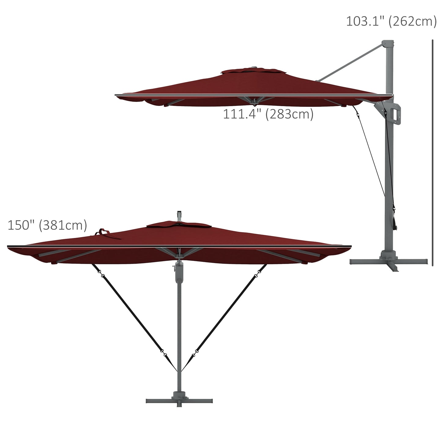 10' x 13' Cantilever Patio Umbrella with Windproof Straps, Aluminium Hanging Offset Umbrella with 4-Position Tilt, 360° Rotating Base, Vent, Outdoor Market Umbrella, Red