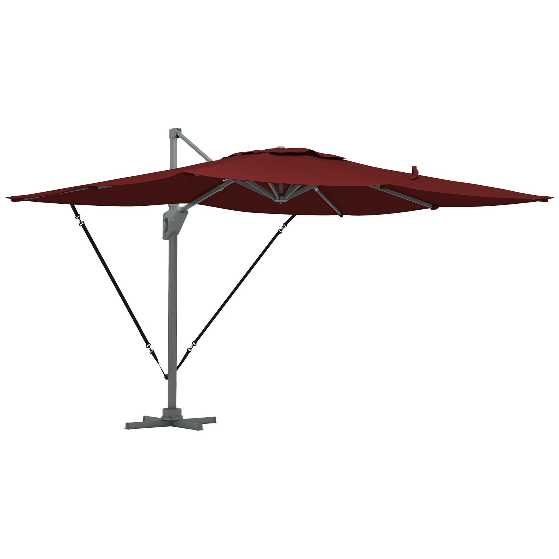 10' x 13' Cantilever Patio Umbrella with Windproof Straps, Aluminium Hanging Offset Umbrella with 4-Position Tilt, 360° Rotating Base, Vent, Outdoor Market Umbrella, Red