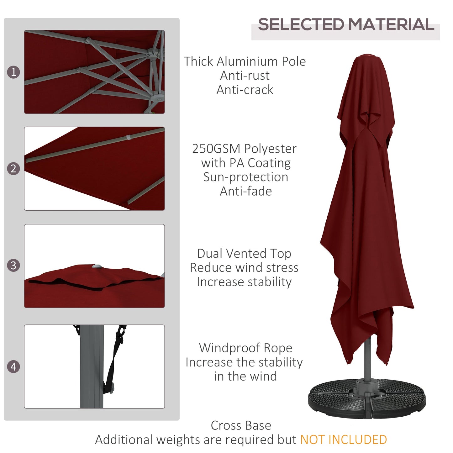 10' x 13' Cantilever Patio Umbrella with Windproof Straps, Aluminium Hanging Offset Umbrella with 4-Position Tilt, 360° Rotating Base, Vent, Outdoor Market Umbrella, Red