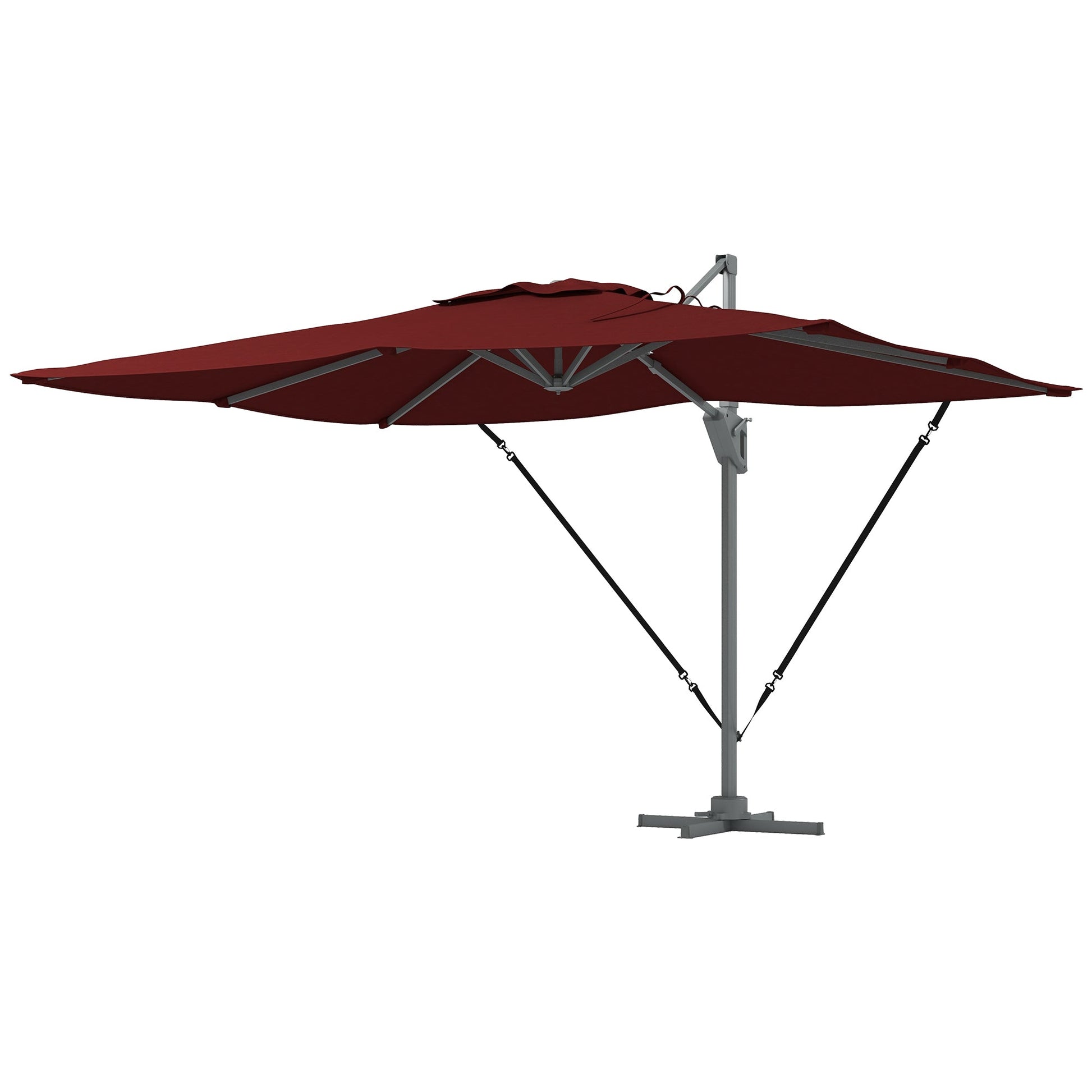 10' x 13' Cantilever Patio Umbrella with Windproof Straps, Aluminium Hanging Offset Umbrella with 4-Position Tilt, 360° Rotating Base, Vent, Outdoor Market Umbrella, Red