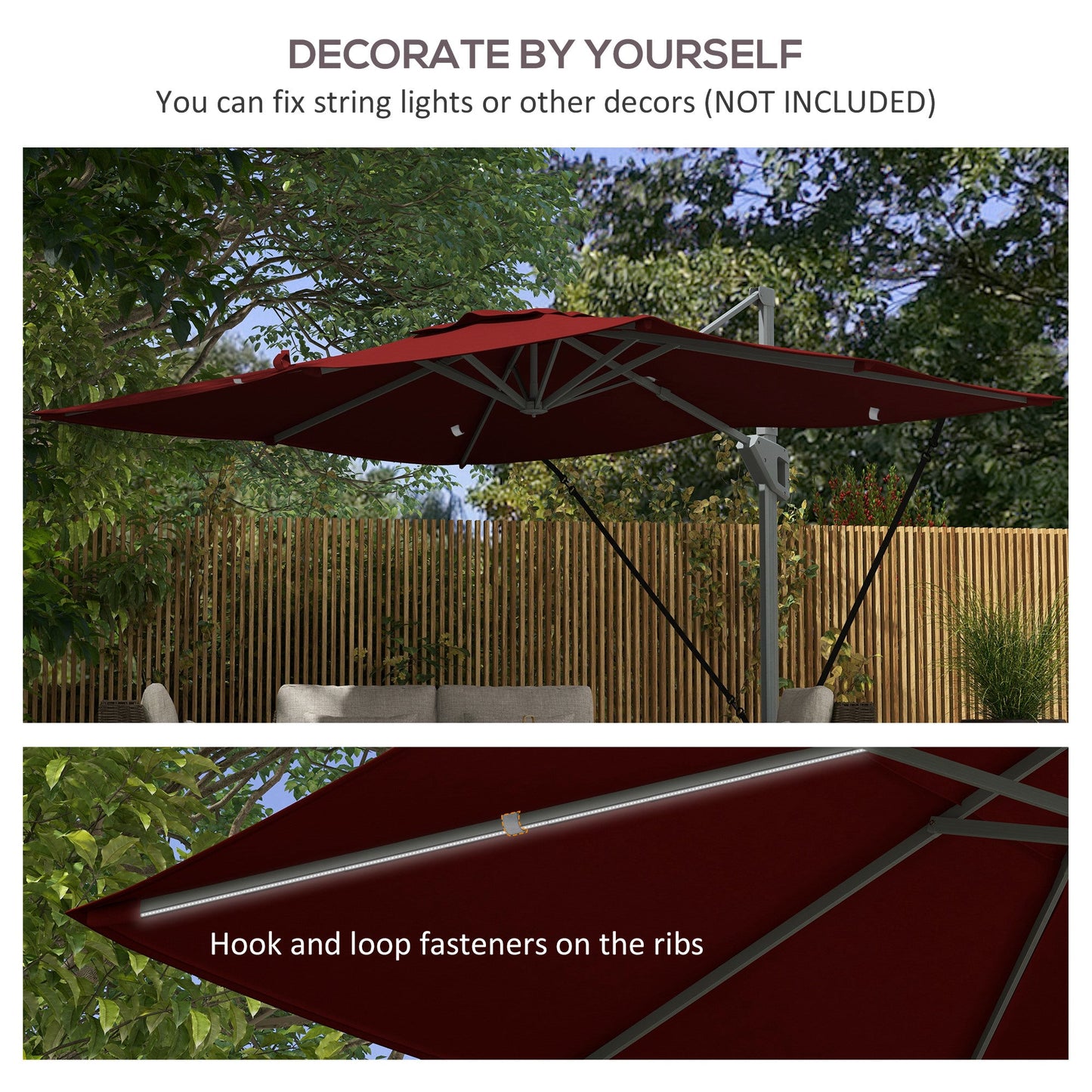 10' x 13' Cantilever Patio Umbrella with Windproof Straps, Aluminium Hanging Offset Umbrella with 4-Position Tilt, 360° Rotating Base, Vent, Outdoor Market Umbrella, Red