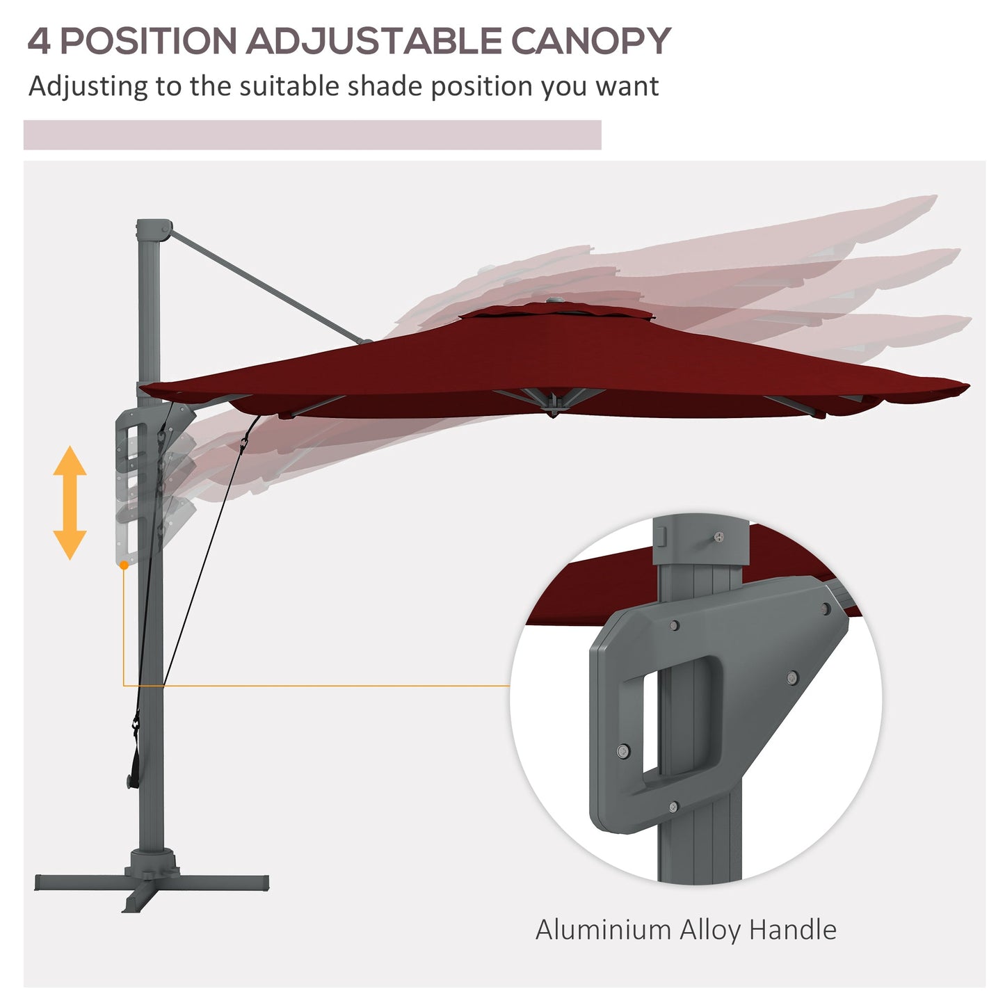10' x 13' Cantilever Patio Umbrella with Windproof Straps, Aluminium Hanging Offset Umbrella with 4-Position Tilt, 360° Rotating Base, Vent, Outdoor Market Umbrella, Red
