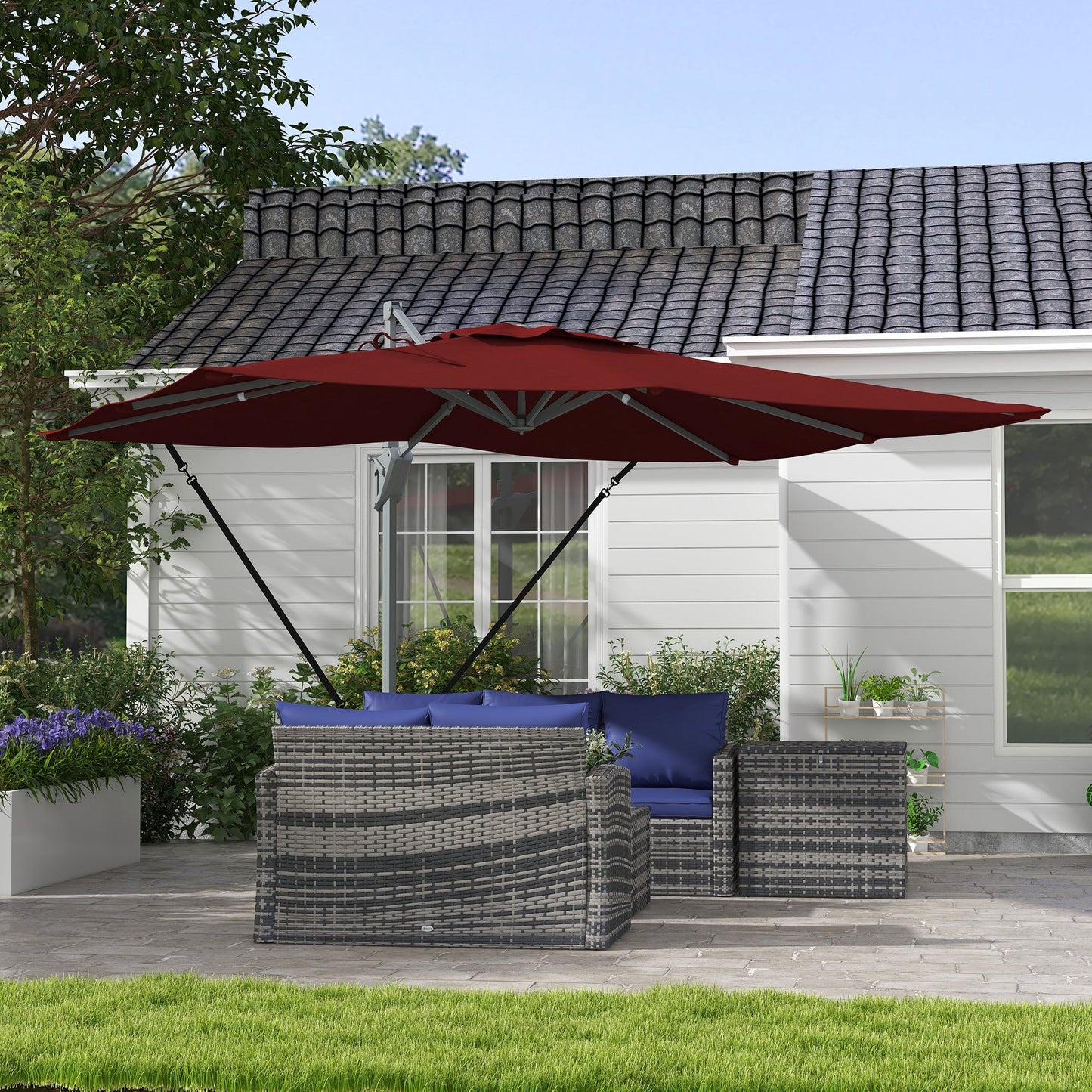 10' x 13' Cantilever Patio Umbrella with Windproof Straps, Aluminium Hanging Offset Umbrella with 4-Position Tilt, 360° Rotating Base, Vent, Outdoor Market Umbrella, Red