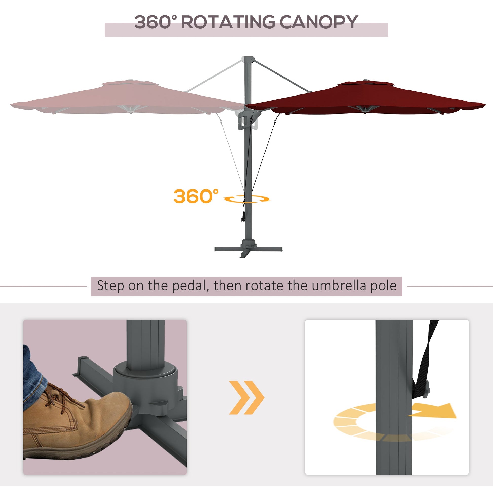 10' x 13' Cantilever Patio Umbrella with Windproof Straps, Aluminium Hanging Offset Umbrella with 4-Position Tilt, 360° Rotating Base, Vent, Outdoor Market Umbrella, Red