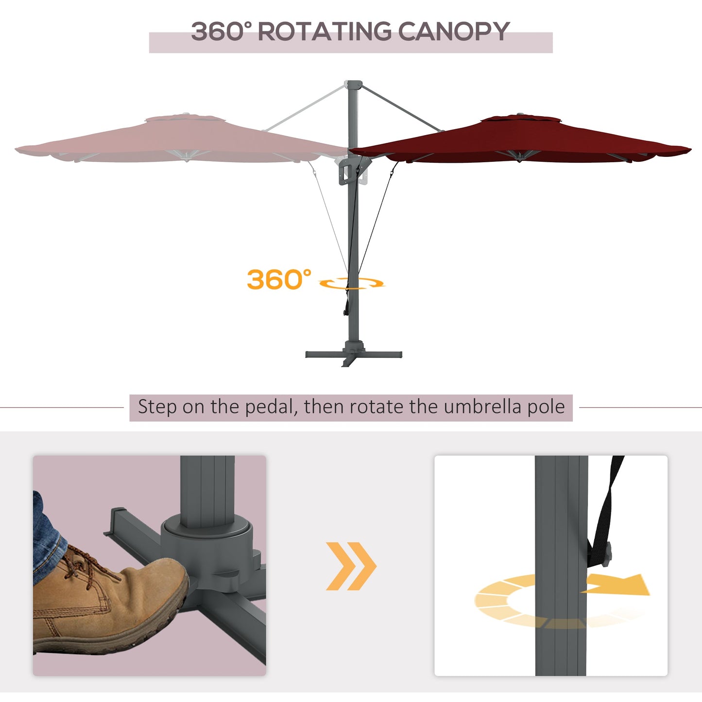 10' x 13' Cantilever Patio Umbrella with Windproof Straps, Aluminium Hanging Offset Umbrella with 4-Position Tilt, 360° Rotating Base, Vent, Outdoor Market Umbrella, Red