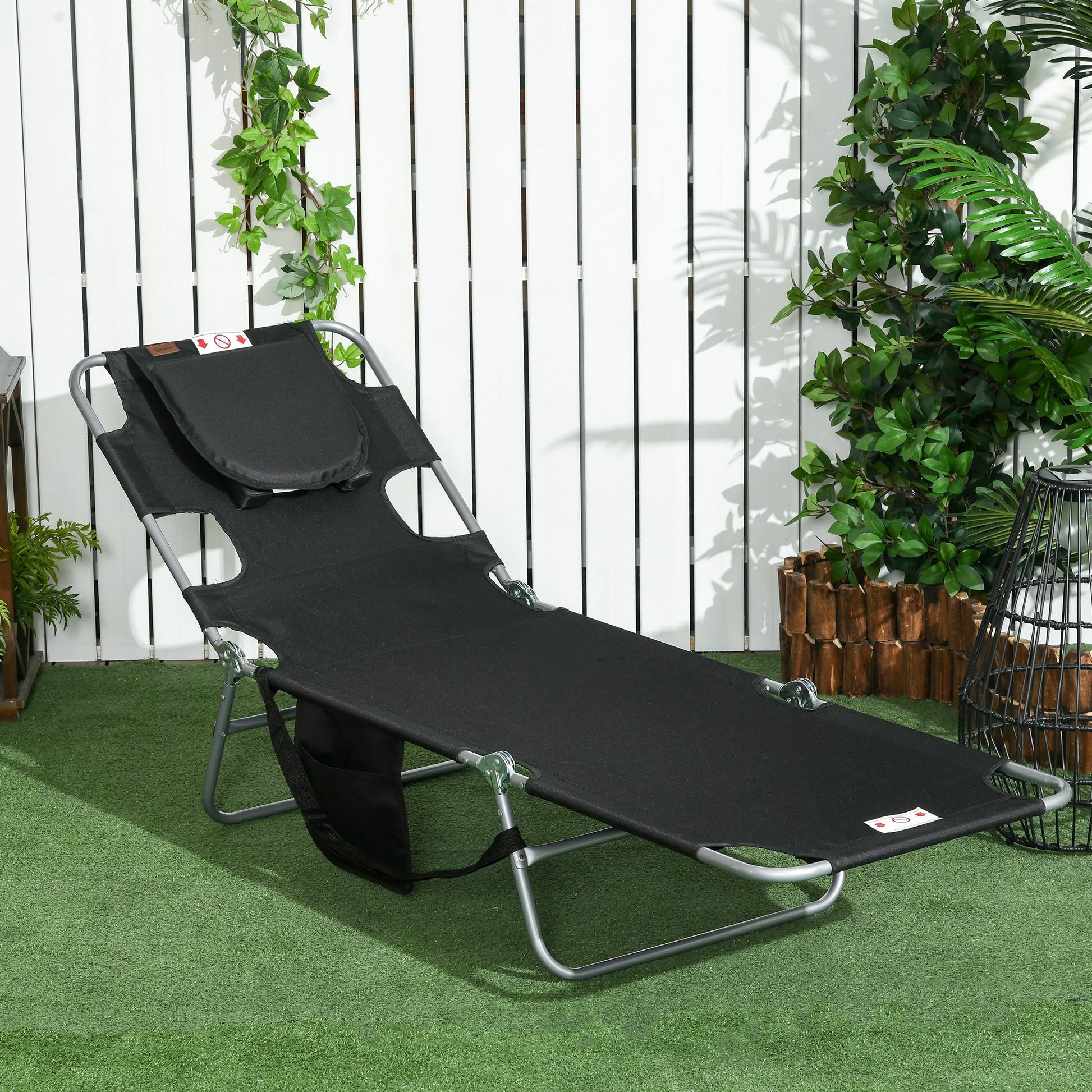Folding Lounge Chair Outdoor Tanning Chair with Face Hole, 5-Position Reclining Sun Lounger Chaise Lounge Cot with Side Pocket, Carry Strap for Beach Pool, Yard, Black