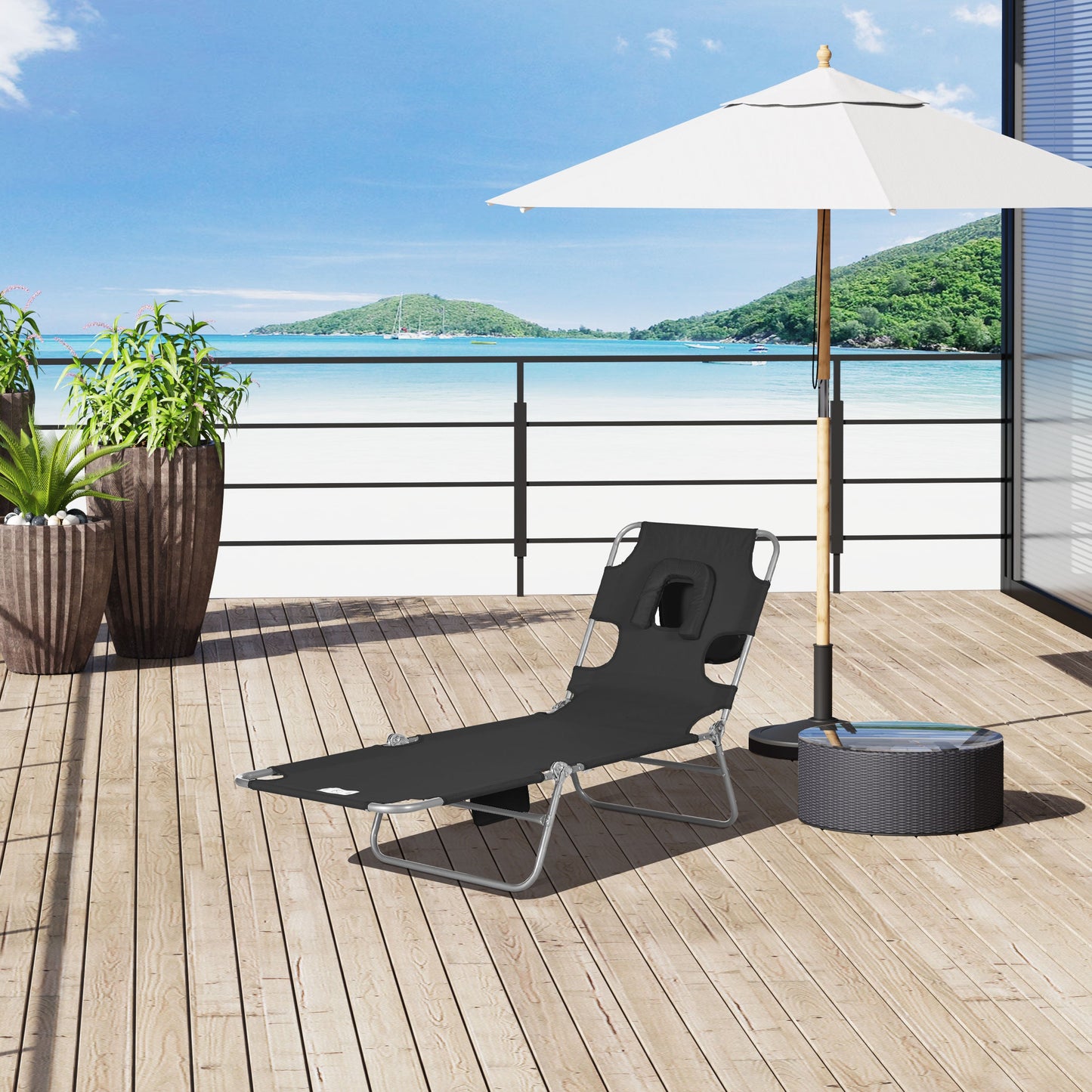 Folding Lounge Chair Outdoor Tanning Chair with Face Hole, 5-Position Reclining Sun Lounger Chaise Lounge Cot with Side Pocket, Carry Strap for Beach Pool, Yard, Black