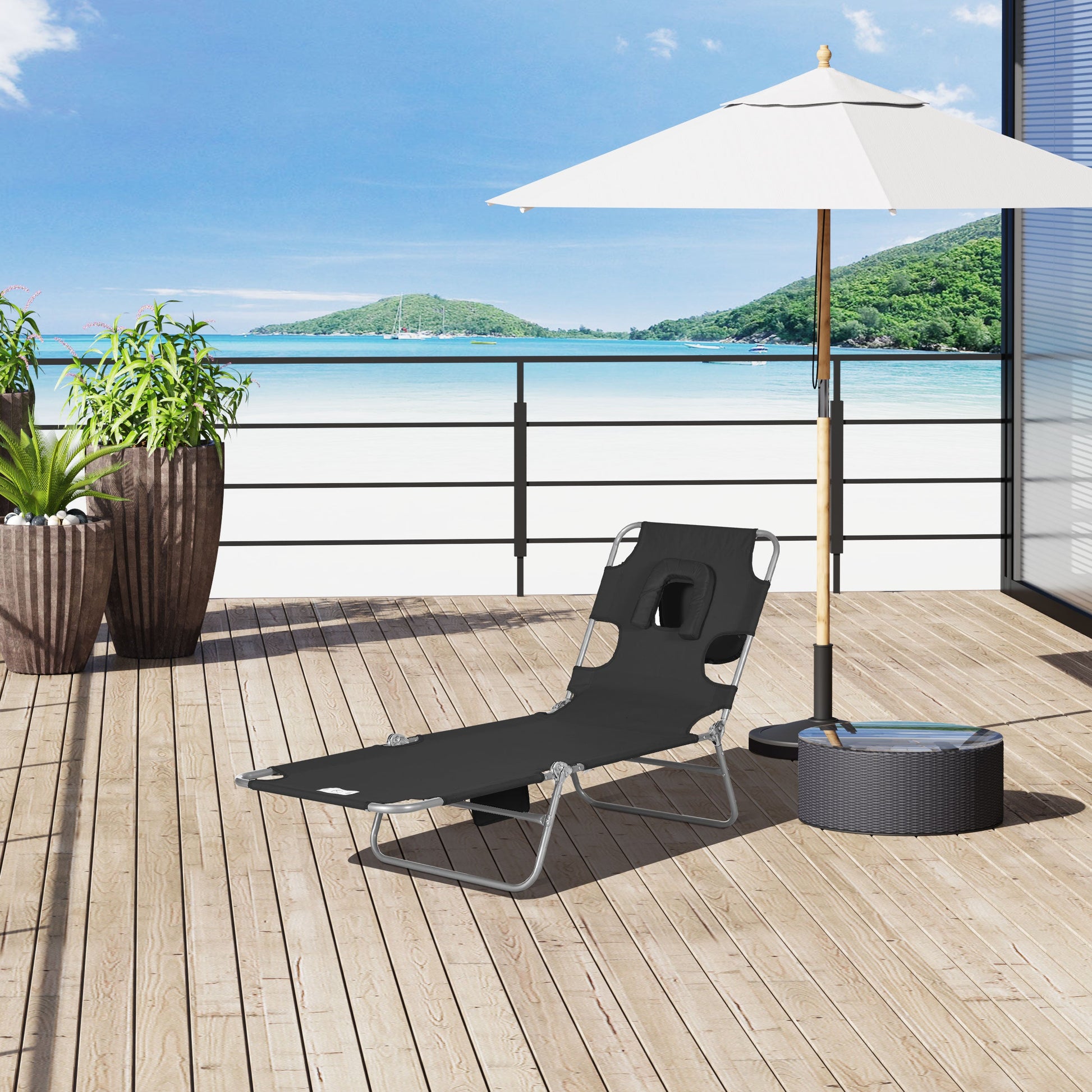 Folding Lounge Chair Outdoor Tanning Chair with Face Hole, 5-Position Reclining Sun Lounger Chaise Lounge Cot with Side Pocket, Carry Strap for Beach Pool, Yard, Black