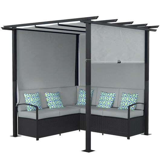 Wicker Patio Furniture, Outdoor PE Rattan Sofa Set with Retractable Canopy Pergola, Shade Shelter for Deck, Pool, Garden, Terrace, Grey