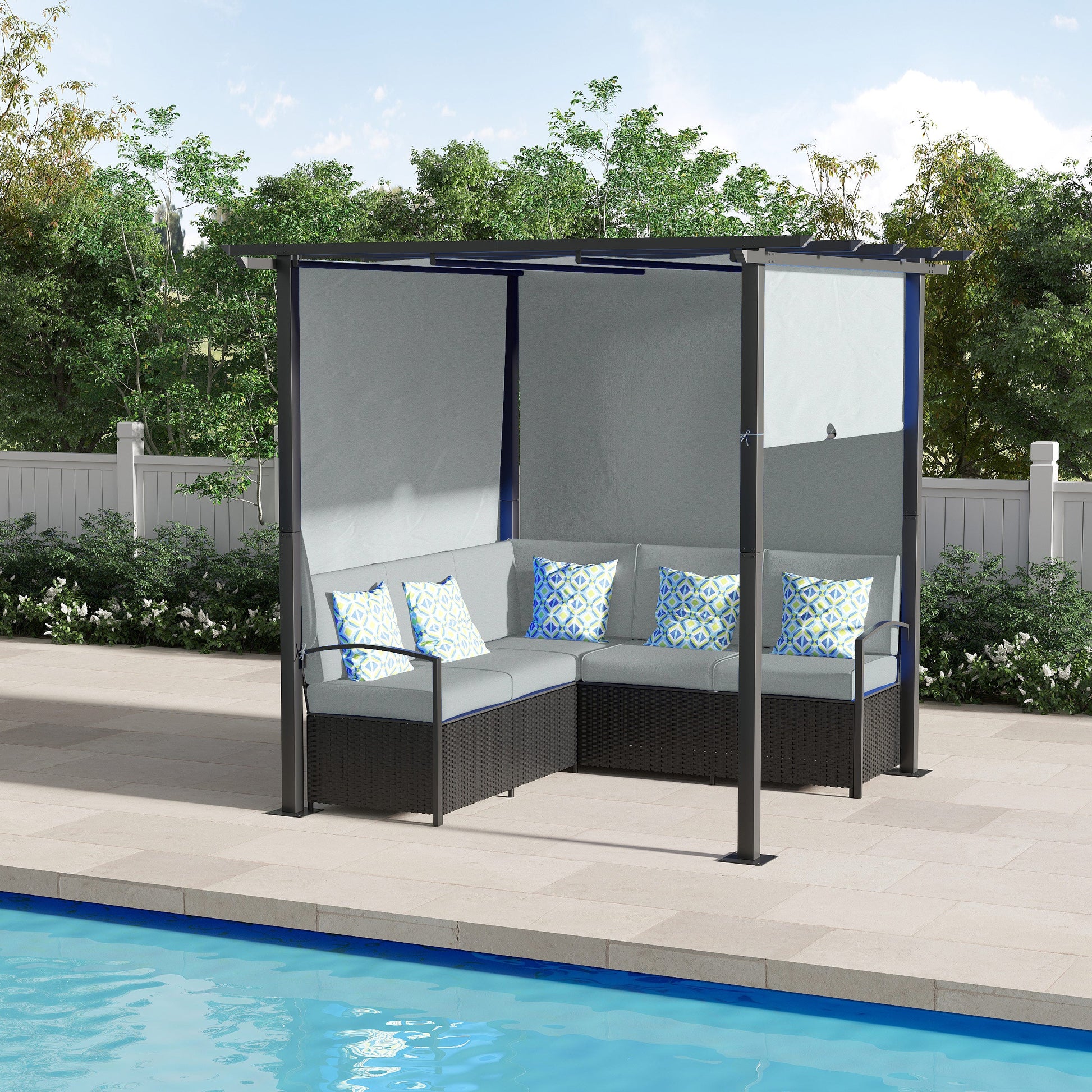 Wicker Patio Furniture, Outdoor PE Rattan Sofa Set with Retractable Canopy Pergola, Shade Shelter for Deck, Pool, Garden, Terrace, Grey
