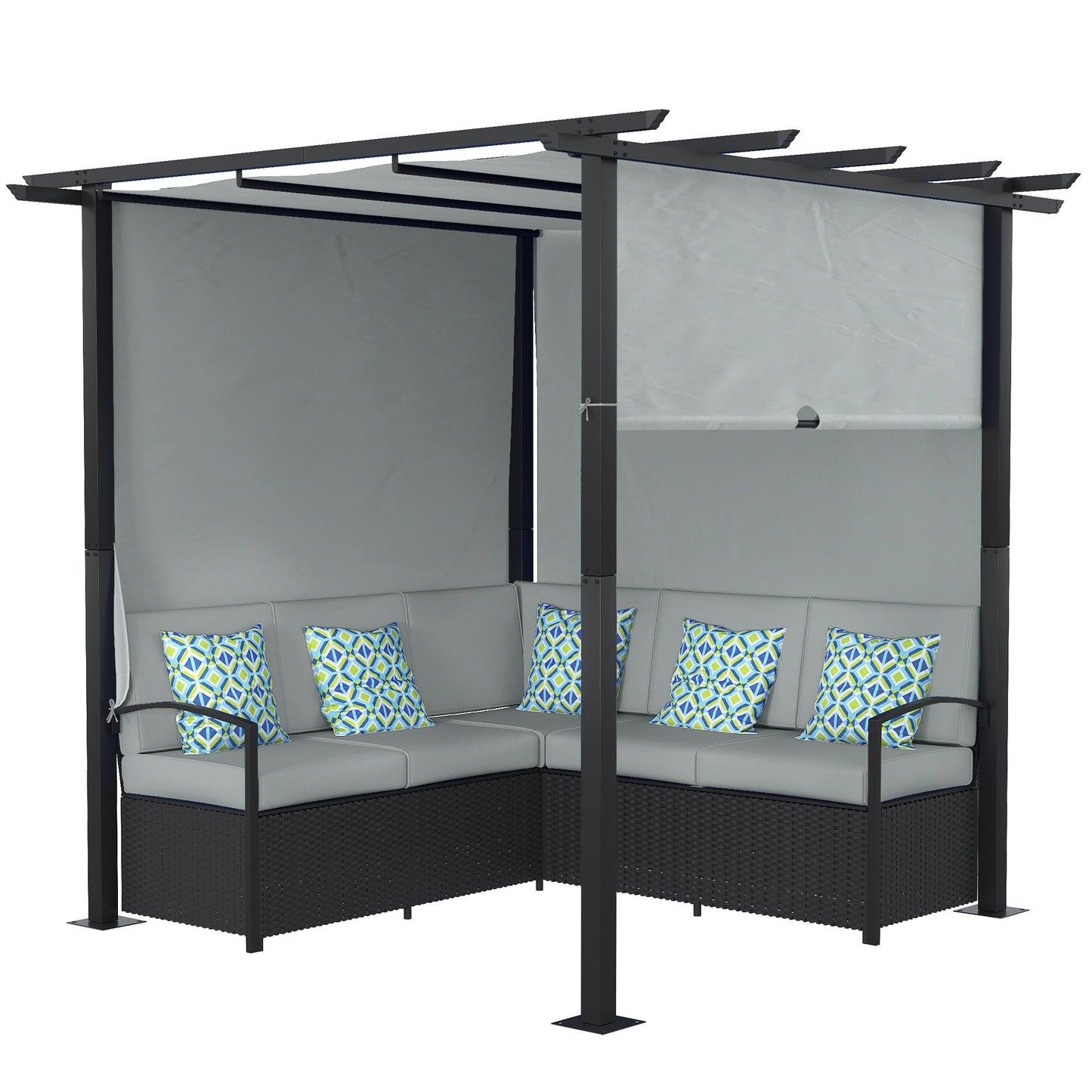 Wicker Patio Furniture, Outdoor PE Rattan Sofa Set with Retractable Canopy Pergola, Shade Shelter for Deck, Pool, Garden, Terrace, Grey