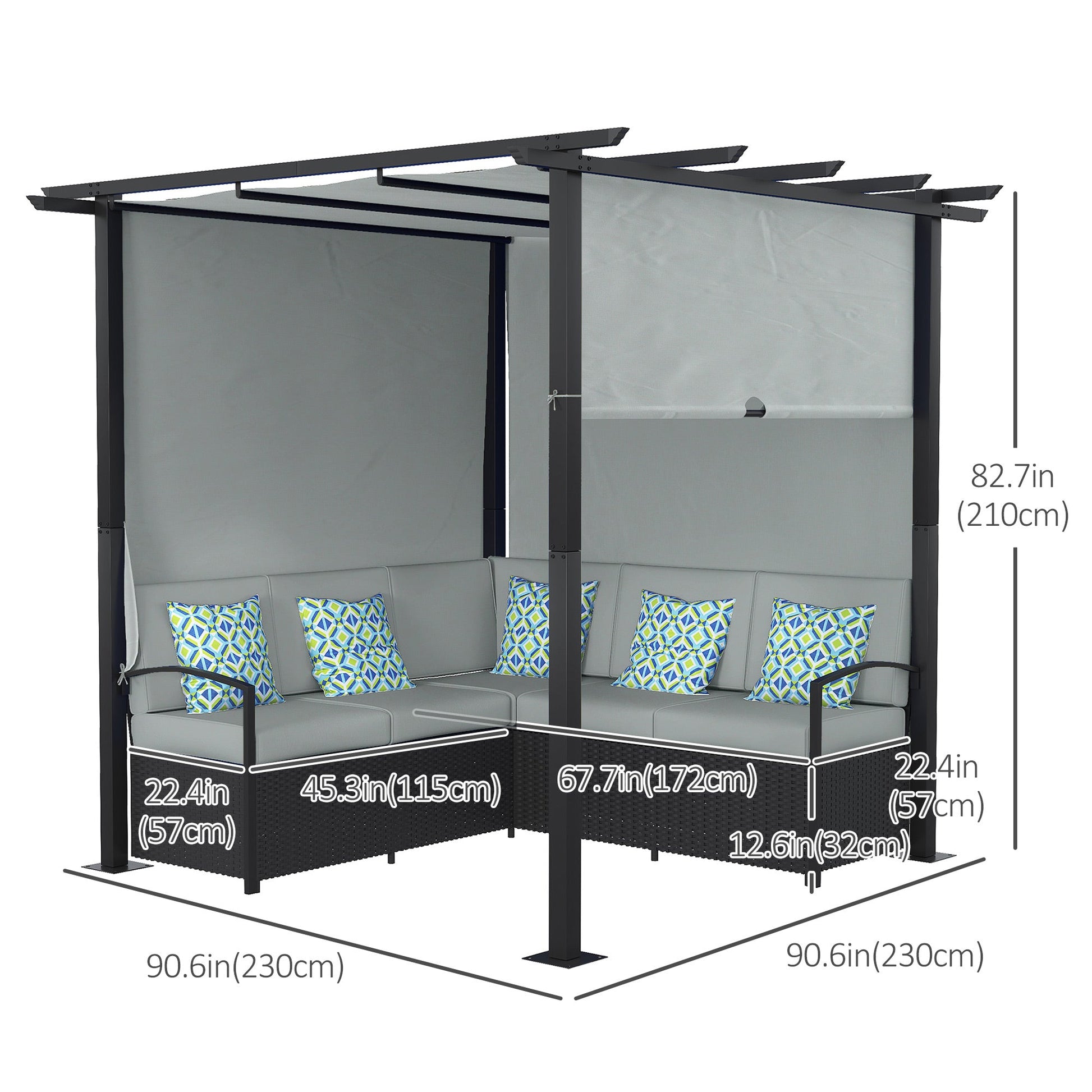 Wicker Patio Furniture, Outdoor PE Rattan Sofa Set with Retractable Canopy Pergola, Shade Shelter for Deck, Pool, Garden, Terrace, Grey