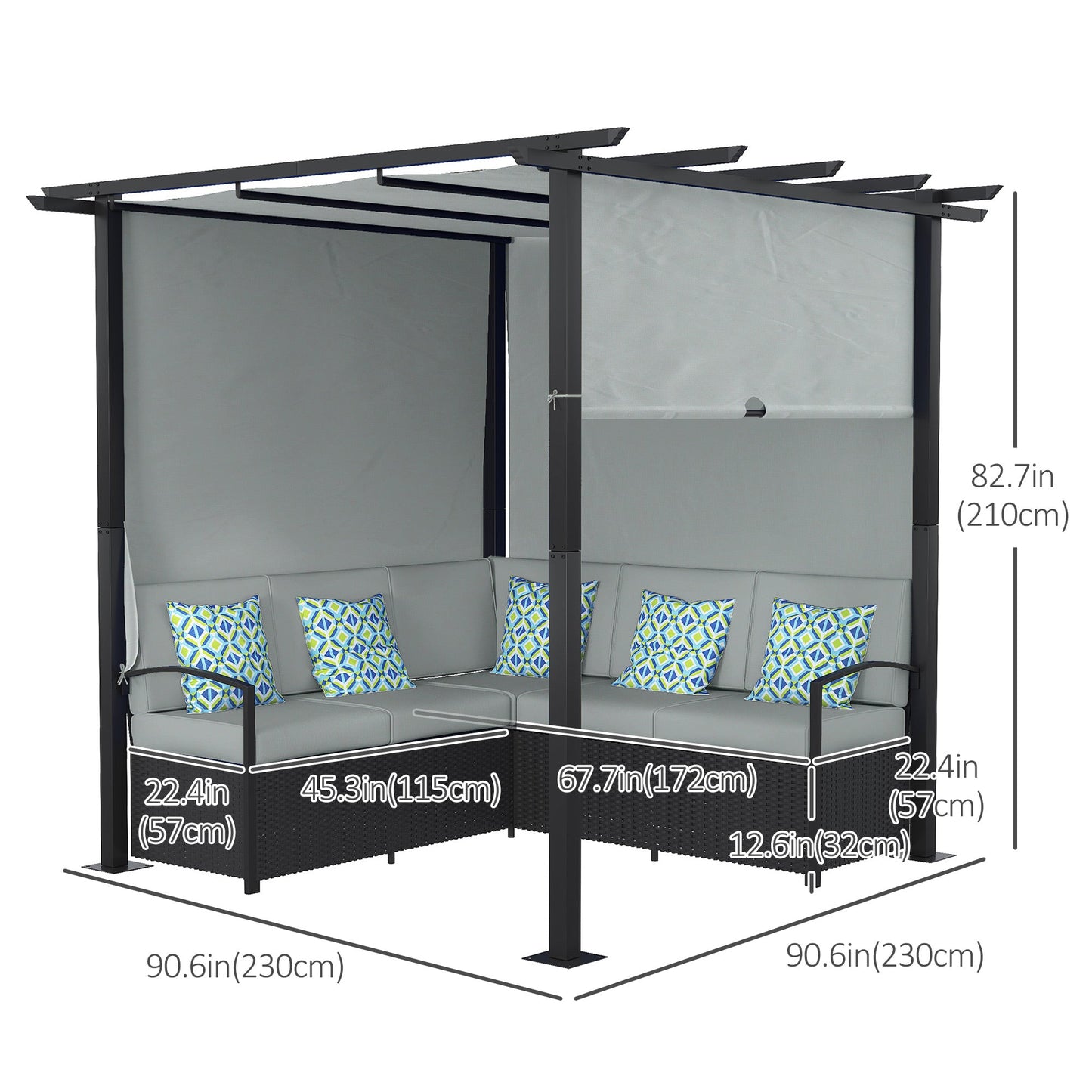 Wicker Patio Furniture, Outdoor PE Rattan Sofa Set with Retractable Canopy Pergola, Shade Shelter for Deck, Pool, Garden, Terrace, Grey