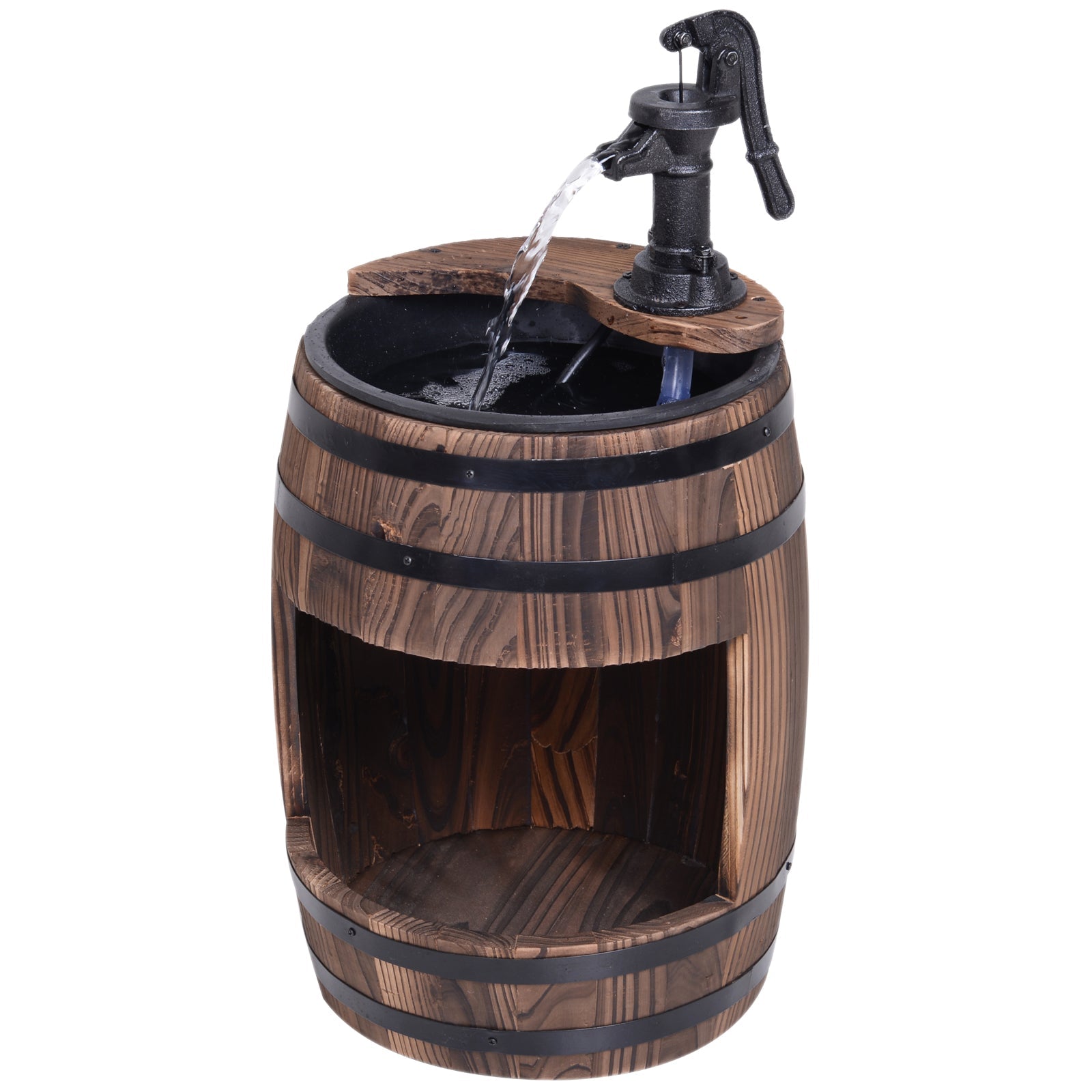 23" Tall Wooden Outdoor Fountain, 2 Tiers Electrical Apple Barrel Waterfall with UL Certified 3600r/min Speed Pump, Rustic Garden Decor for Patio, Backyard, Carbonized