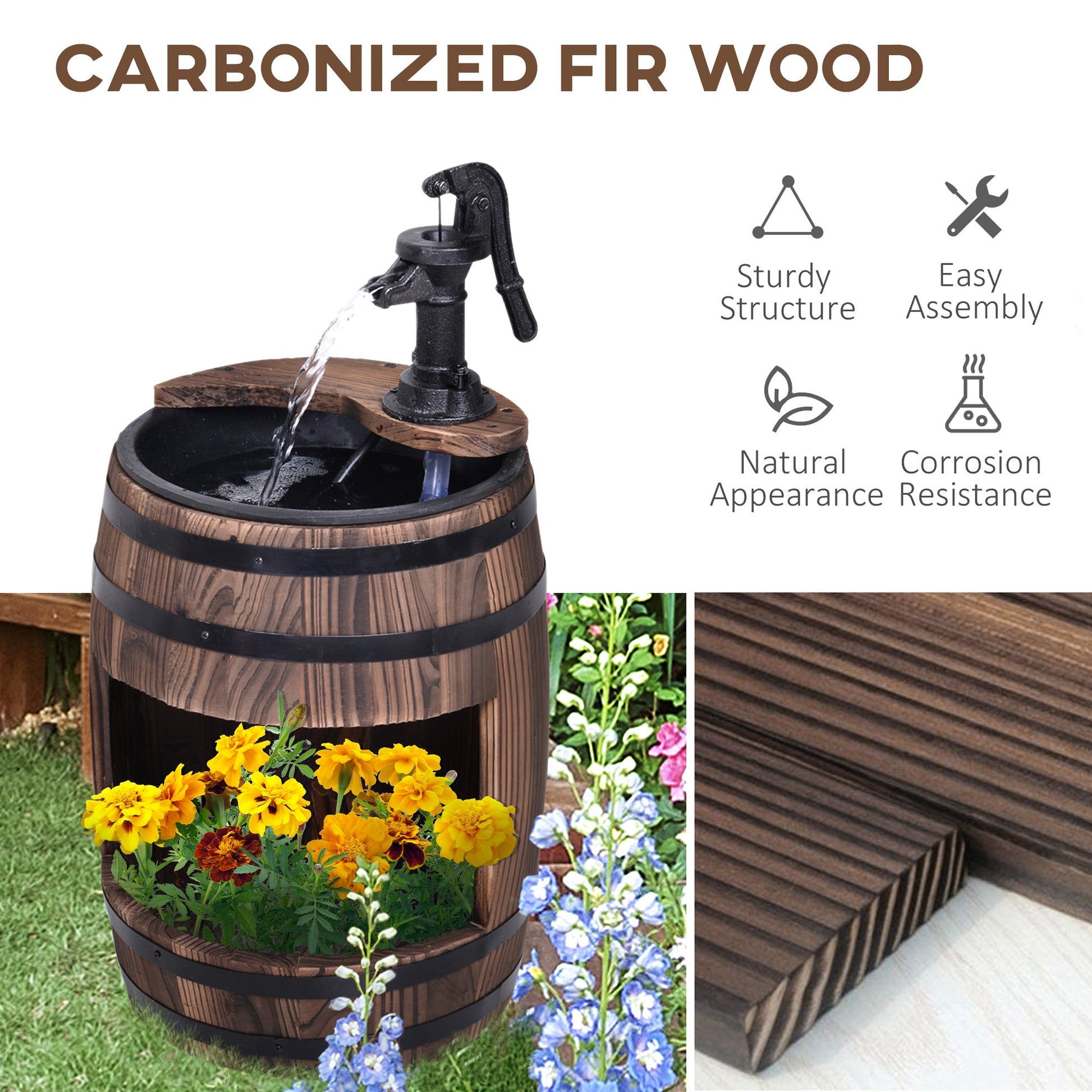 23" Tall Wooden Outdoor Fountain, 2 Tiers Electrical Apple Barrel Waterfall with UL Certified 3600r/min Speed Pump, Rustic Garden Decor for Patio, Backyard, Carbonized
