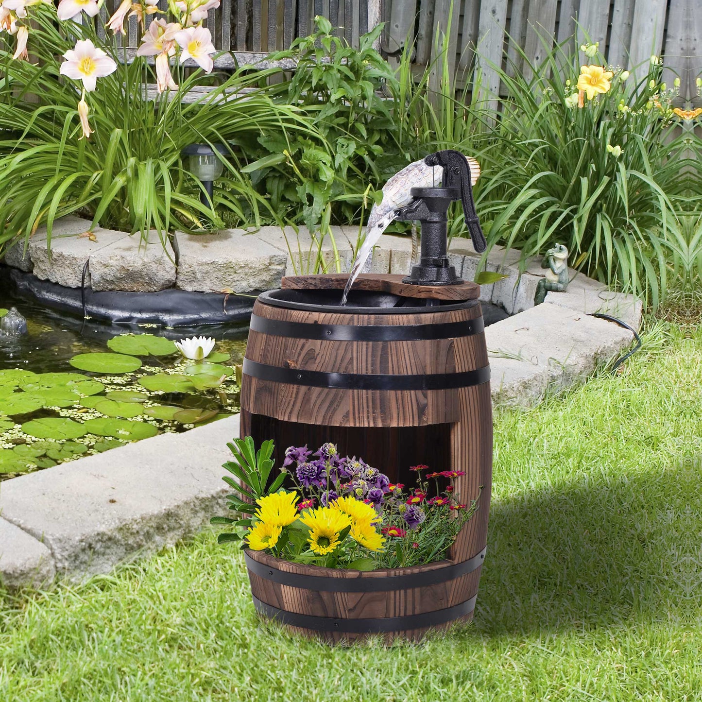 23" Tall Wooden Outdoor Fountain, 2 Tiers Electrical Apple Barrel Waterfall with UL Certified 3600r/min Speed Pump, Rustic Garden Decor for Patio, Backyard, Carbonized