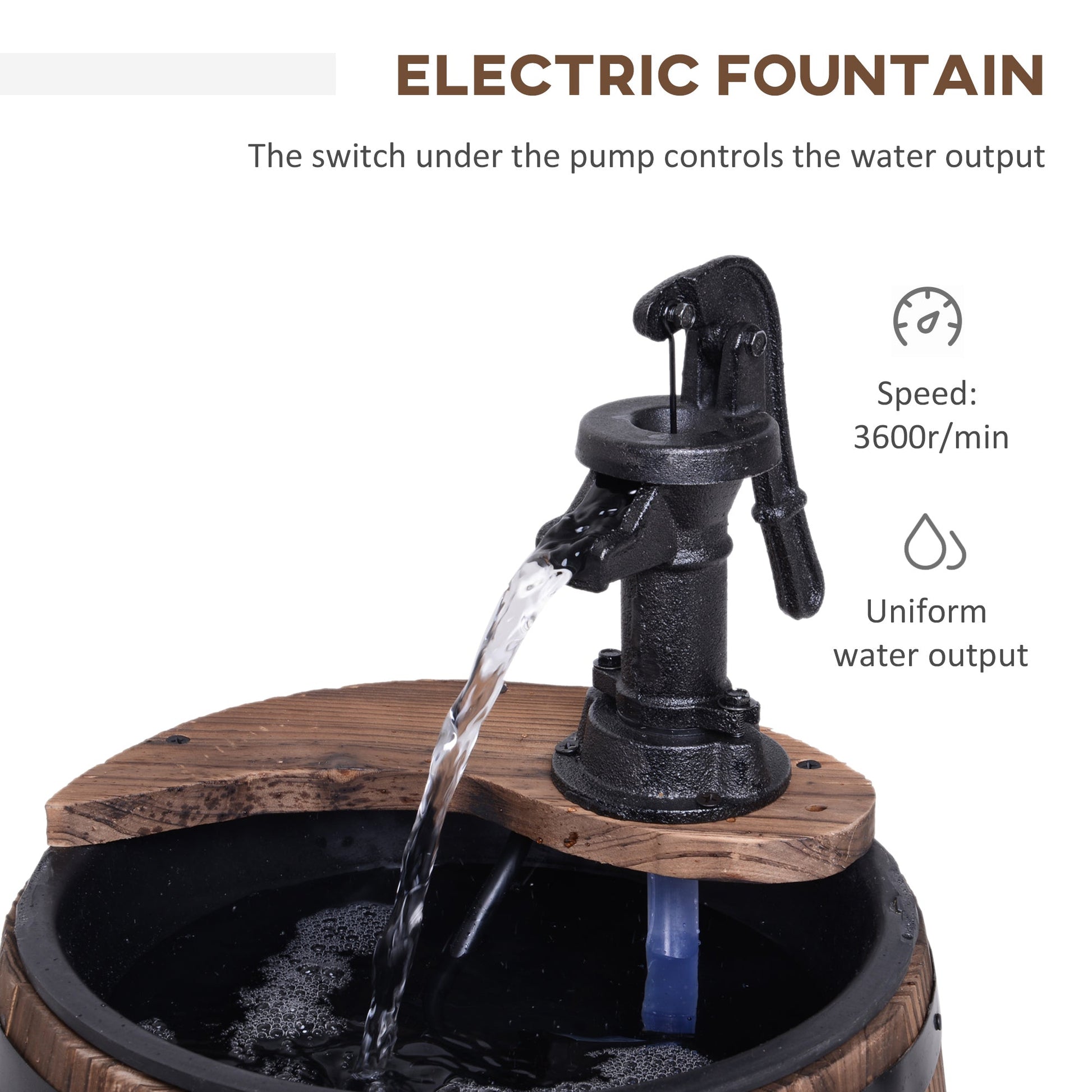 23" Tall Wooden Outdoor Fountain, 2 Tiers Electrical Apple Barrel Waterfall with UL Certified 3600r/min Speed Pump, Rustic Garden Decor for Patio, Backyard, Carbonized