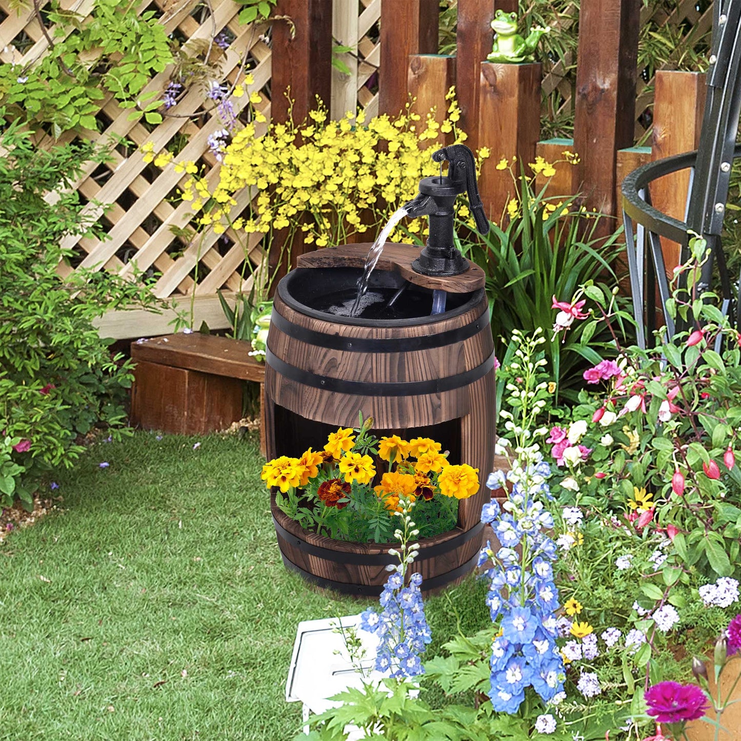 23" Tall Wooden Outdoor Fountain, 2 Tiers Electrical Apple Barrel Waterfall with UL Certified 3600r/min Speed Pump, Rustic Garden Decor for Patio, Backyard, Carbonized
