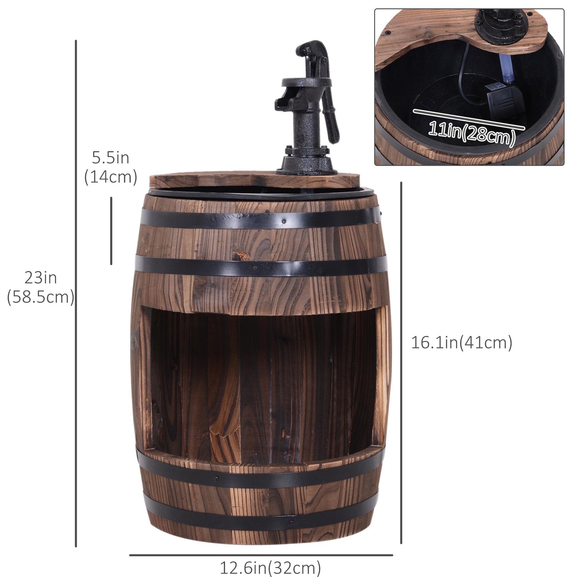 23" Tall Wooden Outdoor Fountain, 2 Tiers Electrical Apple Barrel Waterfall with UL Certified 3600r/min Speed Pump, Rustic Garden Decor for Patio, Backyard, Carbonized
