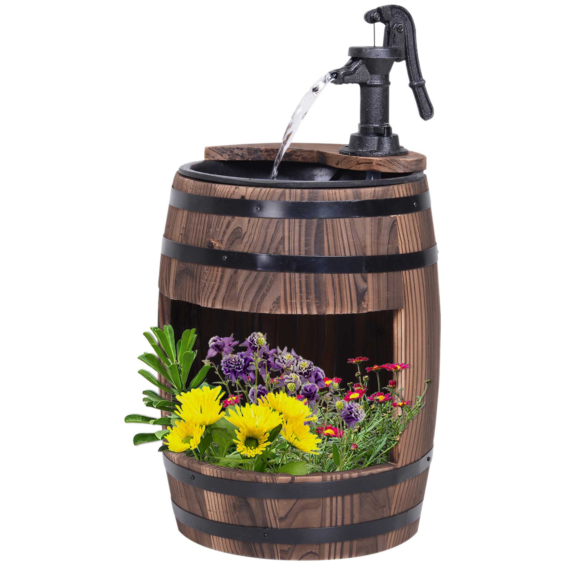 23" Tall Wooden Outdoor Fountain, 2 Tiers Electrical Apple Barrel Waterfall with UL Certified 3600r/min Speed Pump, Rustic Garden Decor for Patio, Backyard, Carbonized