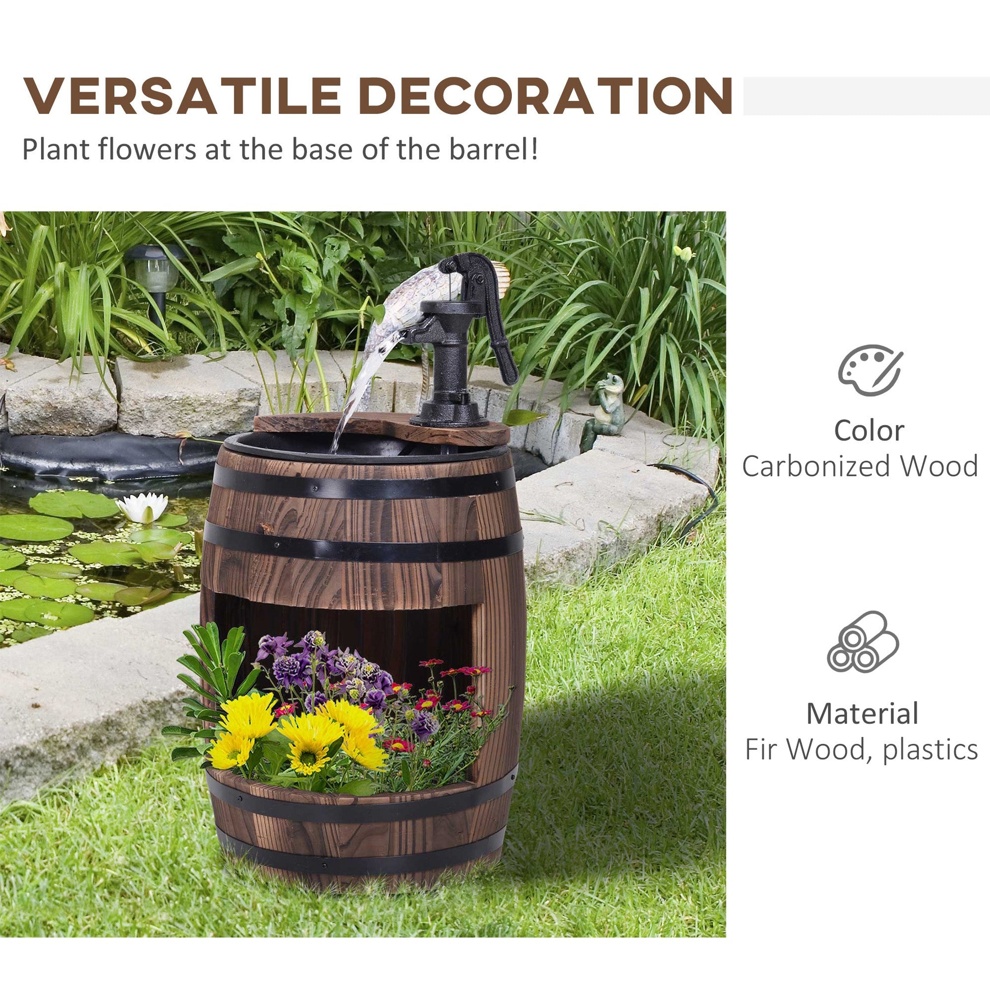 23" Tall Wooden Outdoor Fountain, 2 Tiers Electrical Apple Barrel Waterfall with UL Certified 3600r/min Speed Pump, Rustic Garden Decor for Patio, Backyard, Carbonized