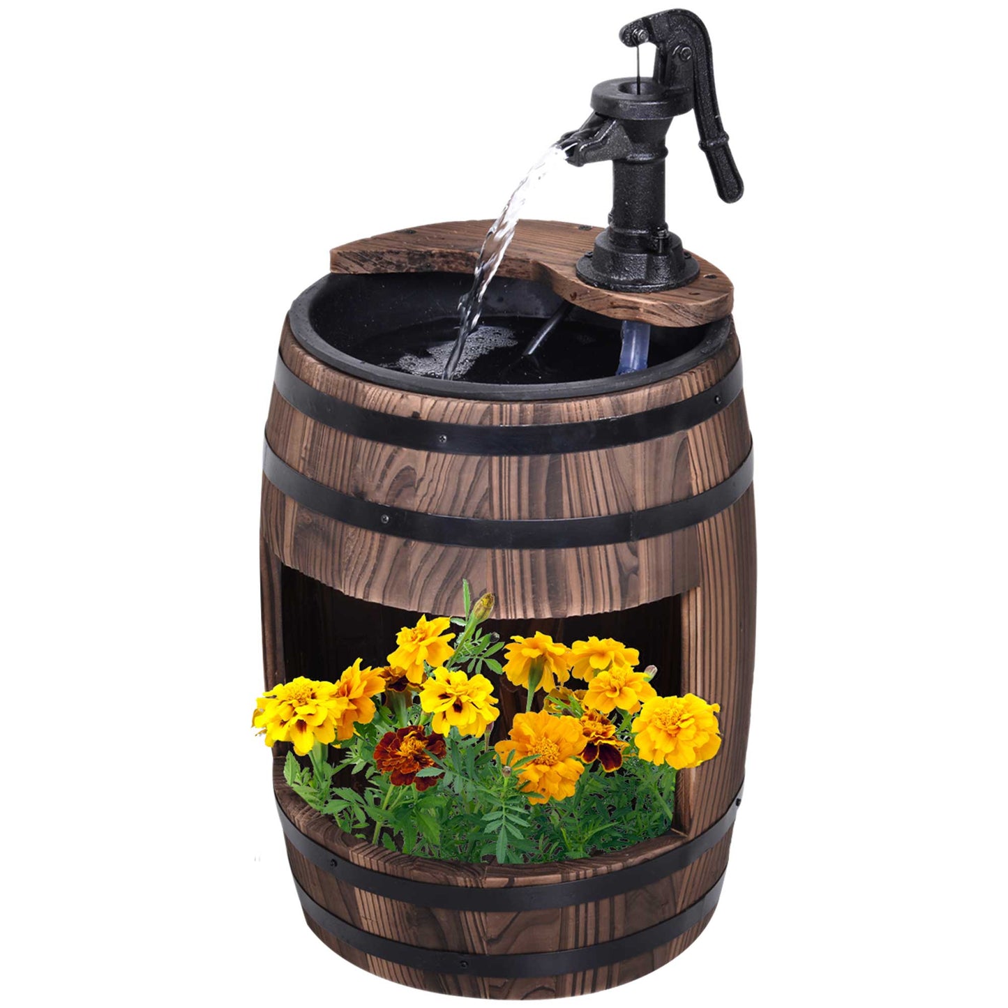 23" Tall Wooden Outdoor Fountain, 2 Tiers Electrical Apple Barrel Waterfall with UL Certified 3600r/min Speed Pump, Rustic Garden Decor for Patio, Backyard, Carbonized