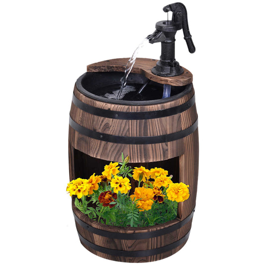 23" Tall Wooden Outdoor Fountain, 2 Tiers Electrical Apple Barrel Waterfall with UL Certified 3600r/min Speed Pump, Rustic Garden Decor for Patio, Backyard, Carbonized