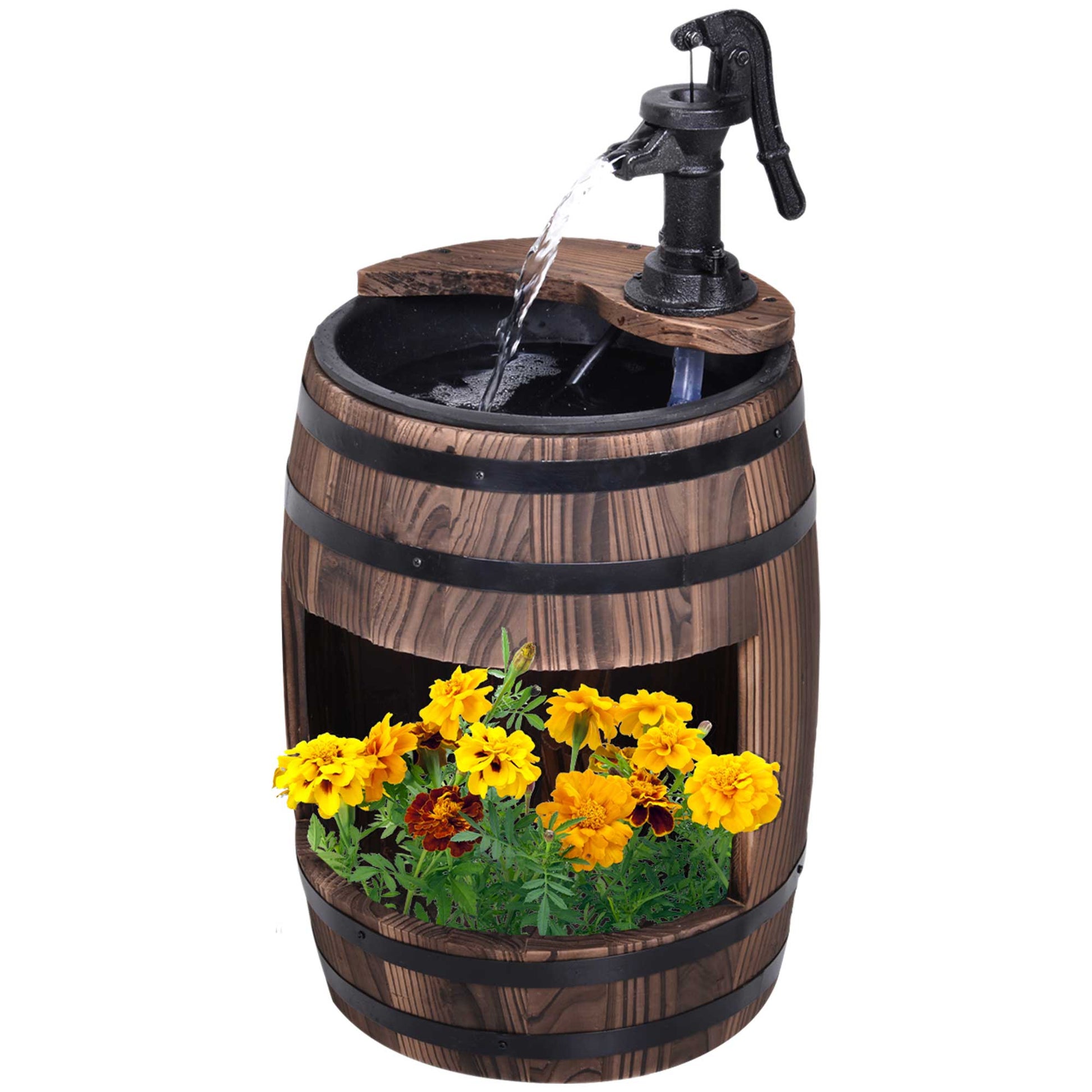 23" Tall Wooden Outdoor Fountain, 2 Tiers Electrical Apple Barrel Waterfall with UL Certified 3600r/min Speed Pump, Rustic Garden Decor for Patio, Backyard, Carbonized
