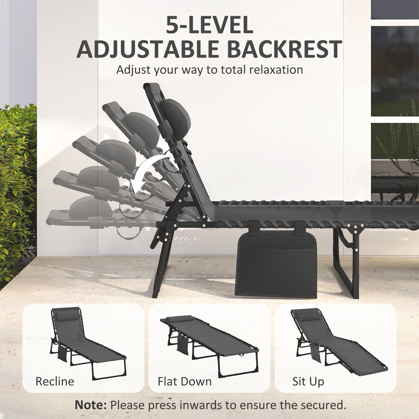 Folding Lounge Chair, Reclining Tanning Chair, Portable Sun Lounger with Adjustable Backrest and Removable Pillow for Patio, Garden, Beach, Black