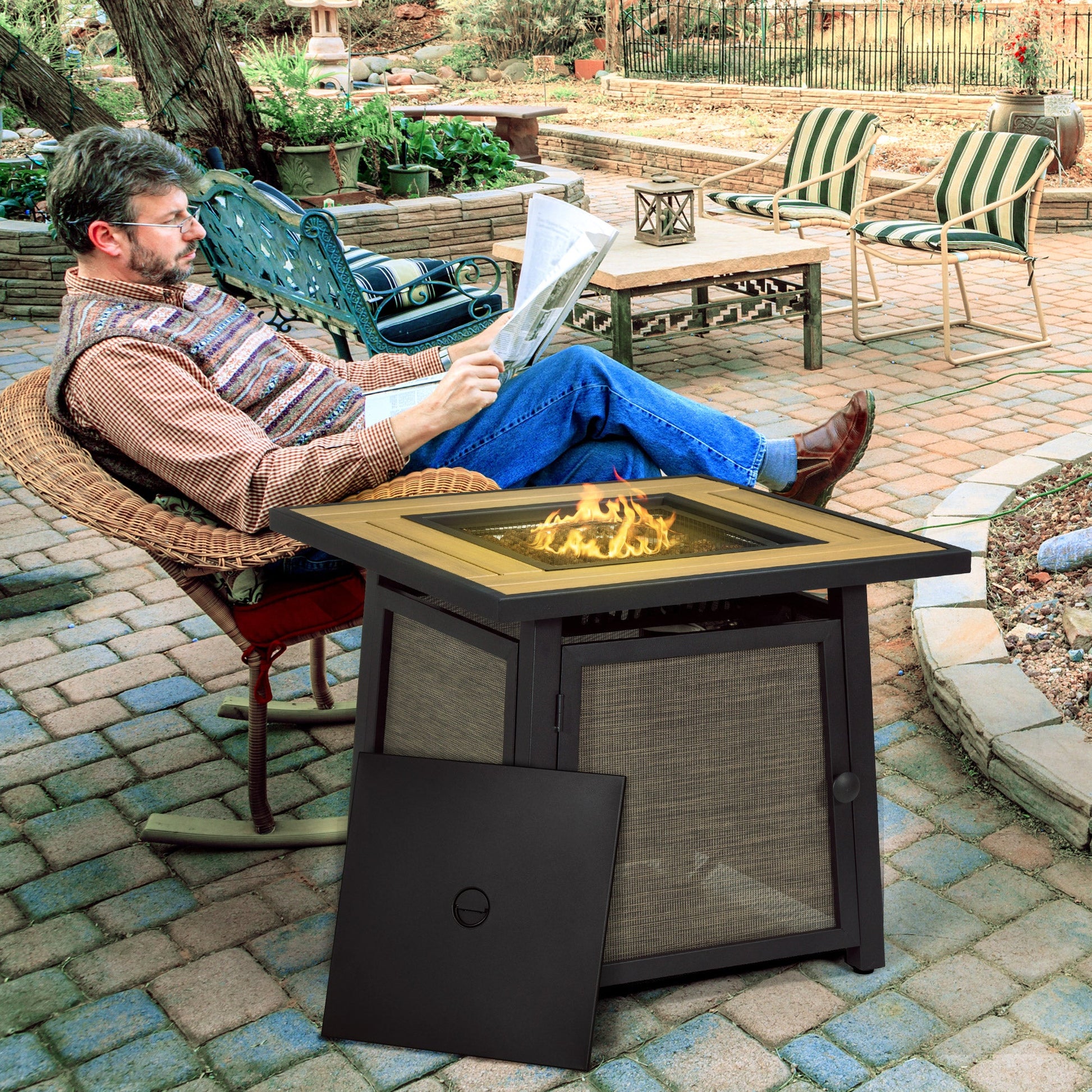 28" Propane Fire Pit Table, 50,000 BTU Propane Fire Table with Steel Tabletop and Lid, Square Gas Firepit Table with Pulse Ignition, Lava Rocks, Waterproof Cover, Brown