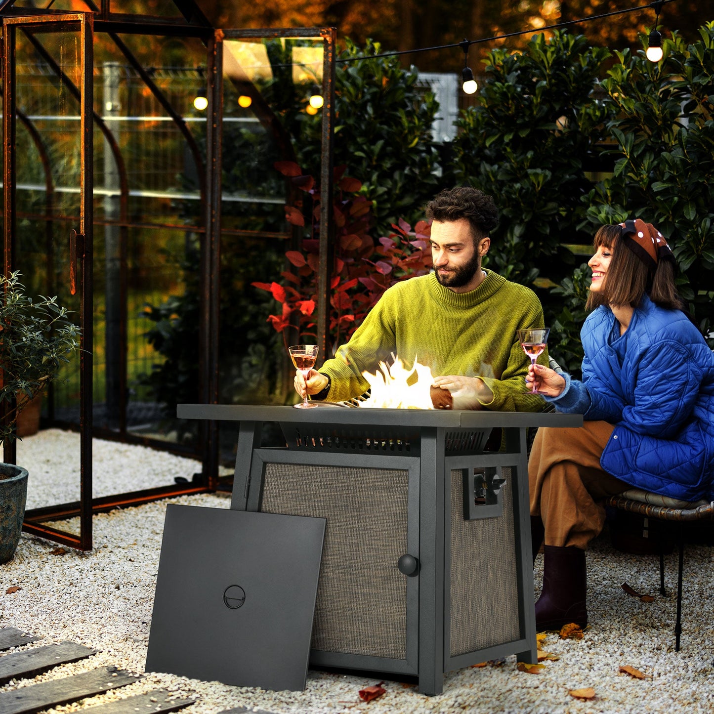 28" Propane Fire Pit Table, 50,000 BTU Propane Fire Table with Steel Tabletop and Lid, Square Gas Firepit Table with Pulse Ignition, Lava Rocks, Waterproof Cover, Brown