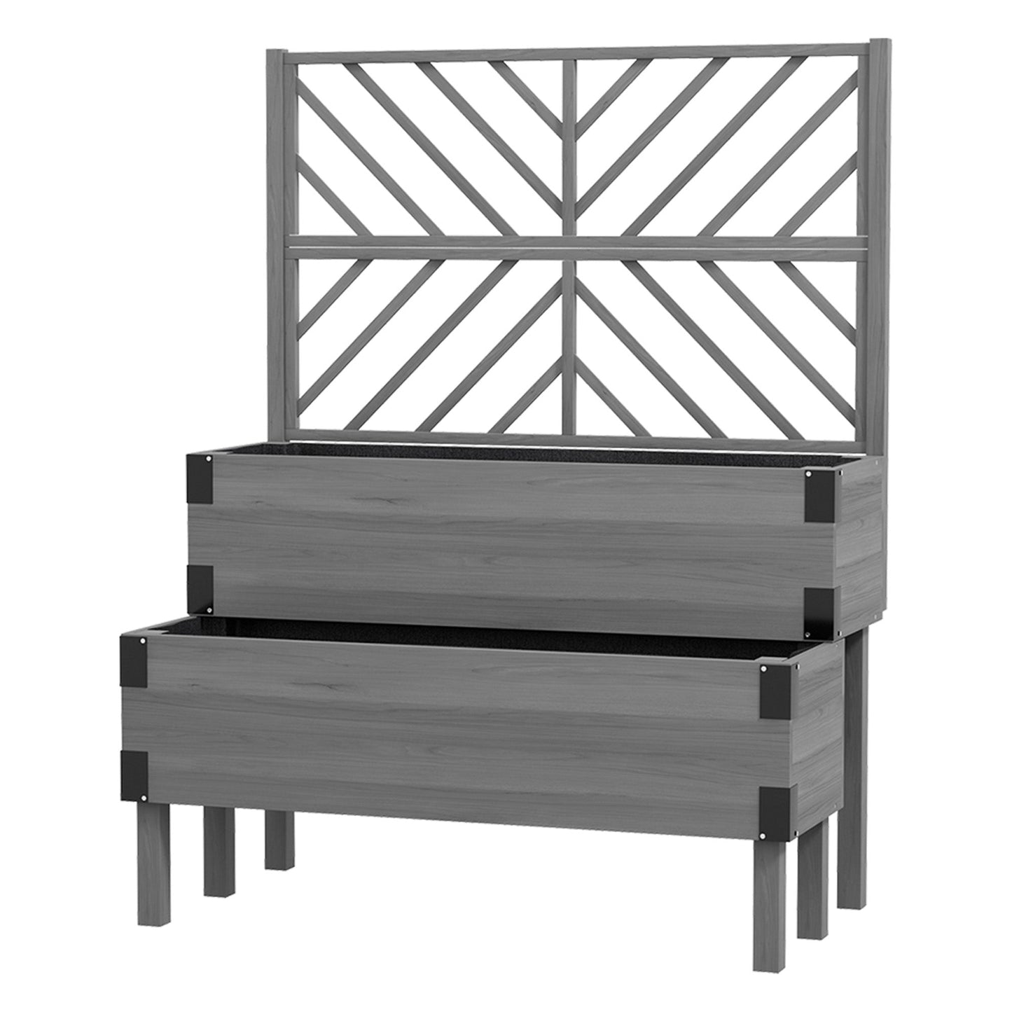 Raised Garden Bed with Trellis, 2 Tier Wooden Elevated Planter Box with Legs and Metal Corners for Vegetables, Flowers, Herbs, Grey
