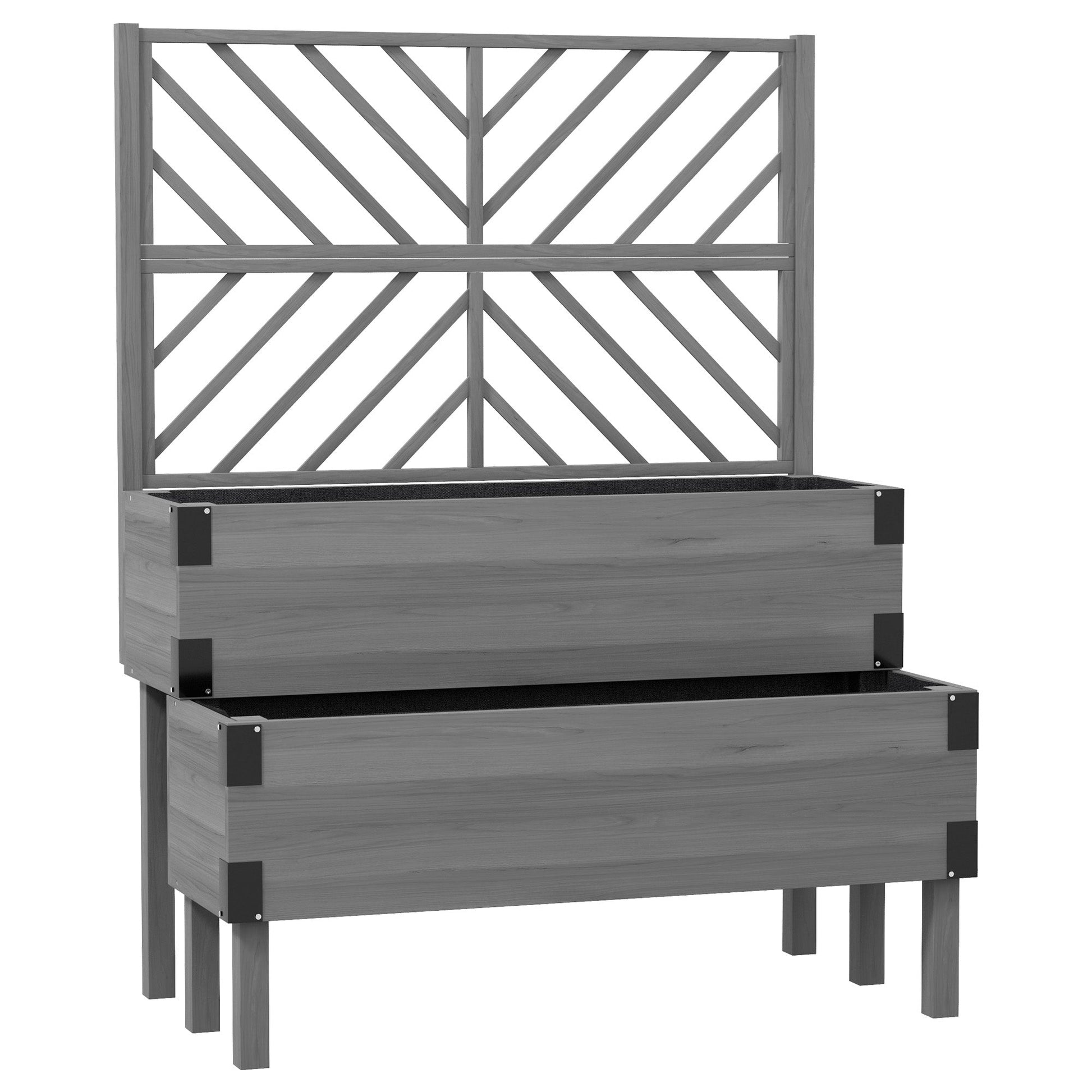 Raised Garden Bed with Trellis, 2 Tier Wooden Elevated Planter Box with Legs and Metal Corners for Vegetables, Flowers, Herbs, Grey