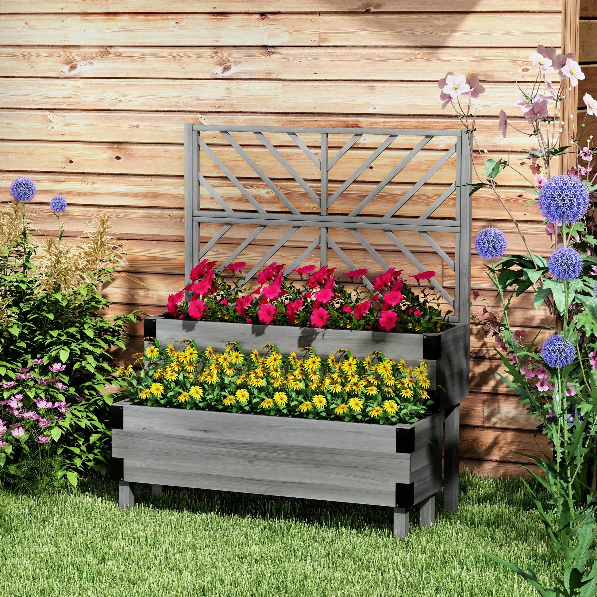 Raised Garden Bed with Trellis, 2 Tier Wooden Elevated Planter Box with Legs and Metal Corners for Vegetables, Flowers, Herbs, Grey