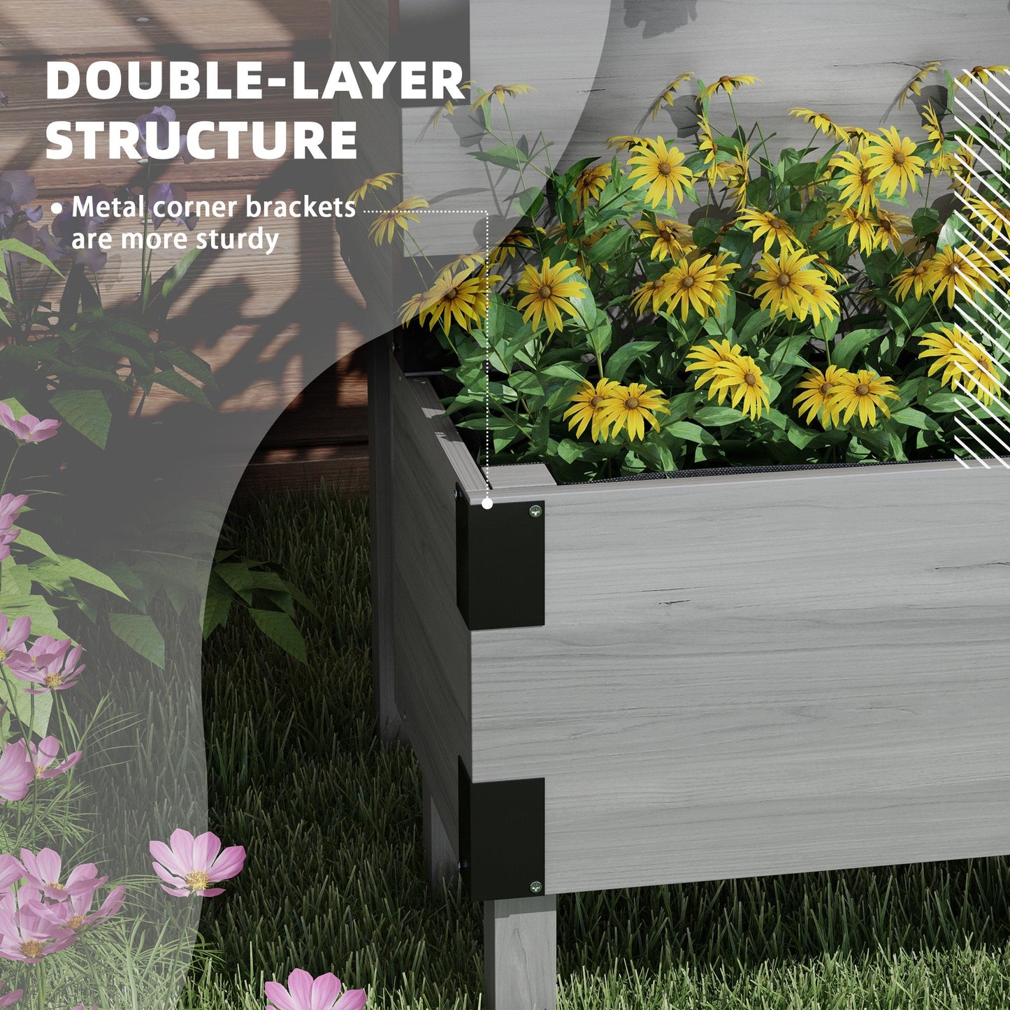 Raised Garden Bed with Trellis, 2 Tier Wooden Elevated Planter Box with Legs and Metal Corners for Vegetables, Flowers, Herbs, Grey