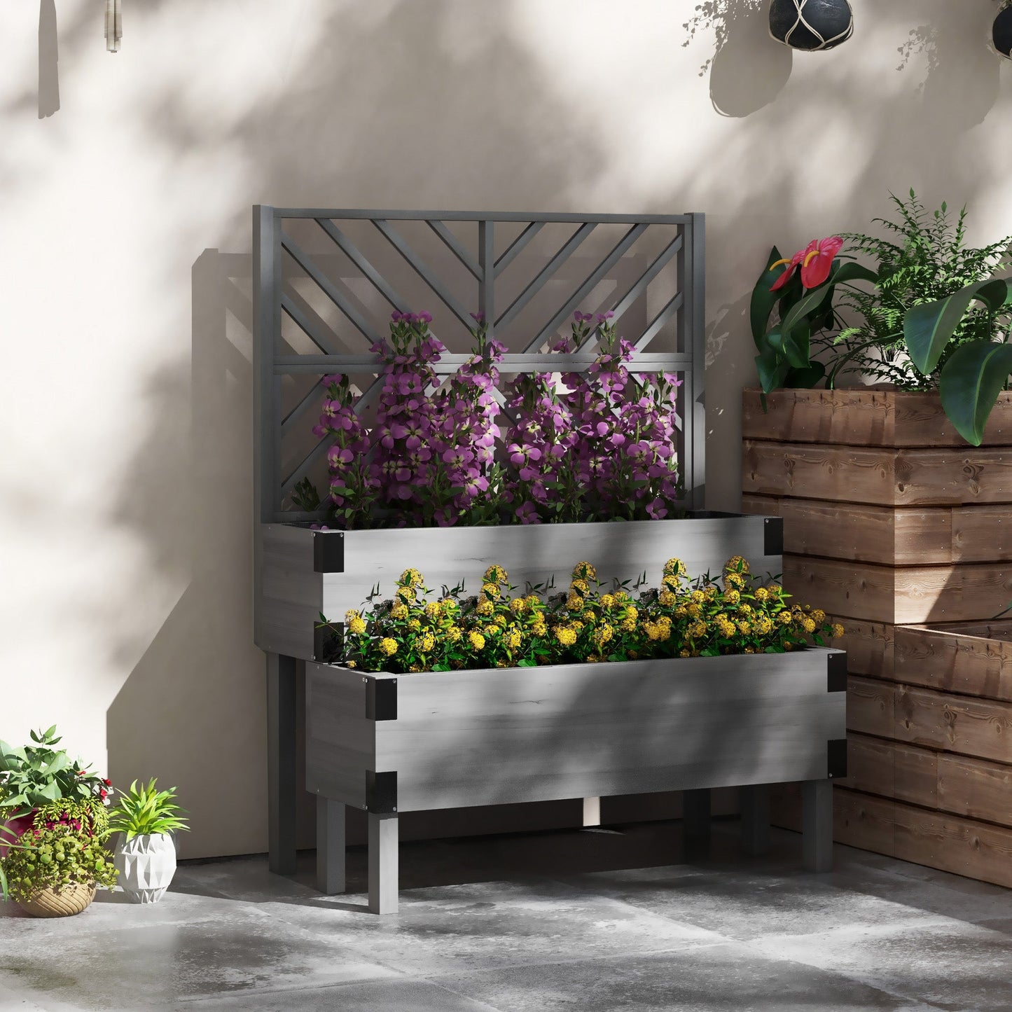 Raised Garden Bed with Trellis, 2 Tier Wooden Elevated Planter Box with Legs and Metal Corners for Vegetables, Flowers, Herbs, Grey