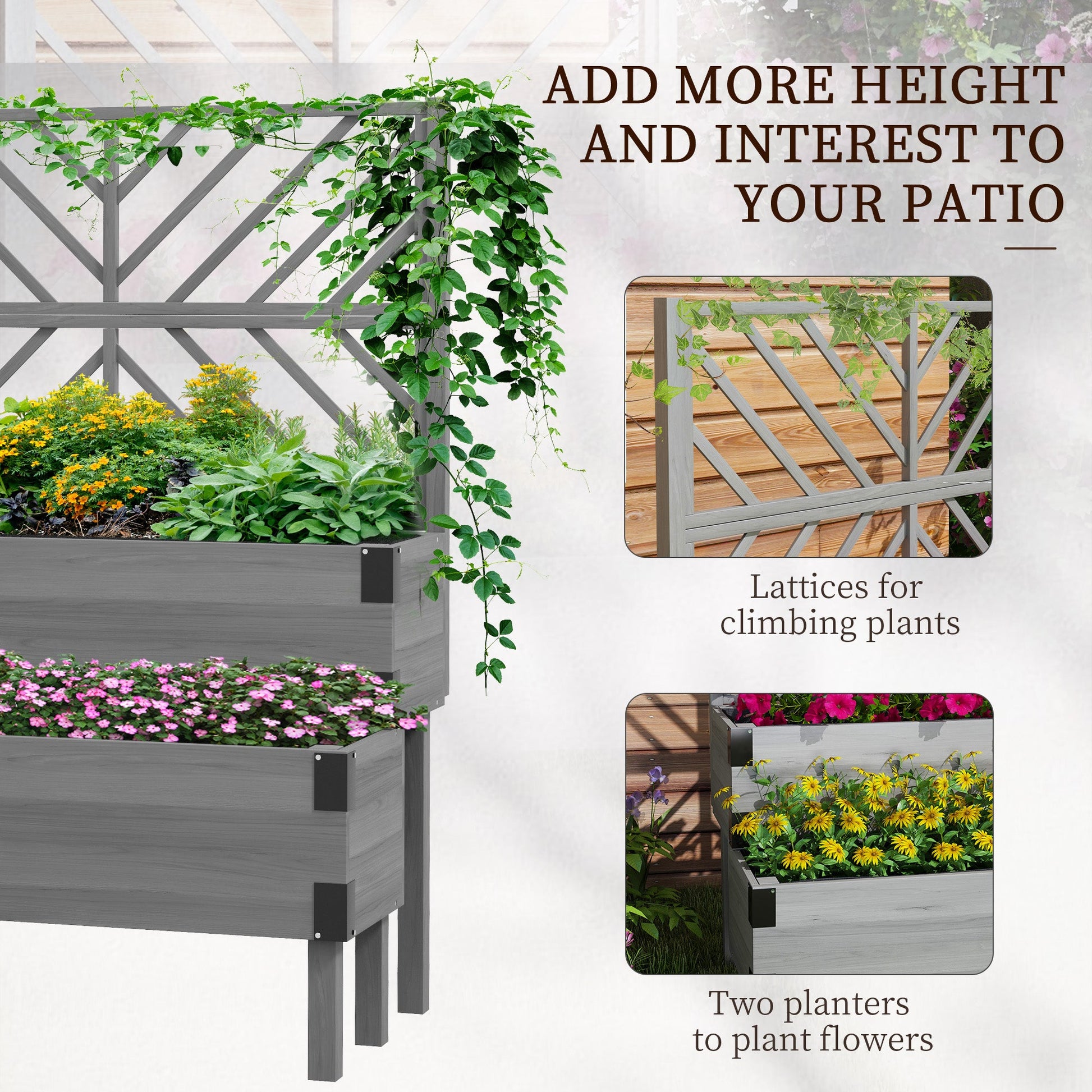 Raised Garden Bed with Trellis, 2 Tier Wooden Elevated Planter Box with Legs and Metal Corners for Vegetables, Flowers, Herbs, Grey