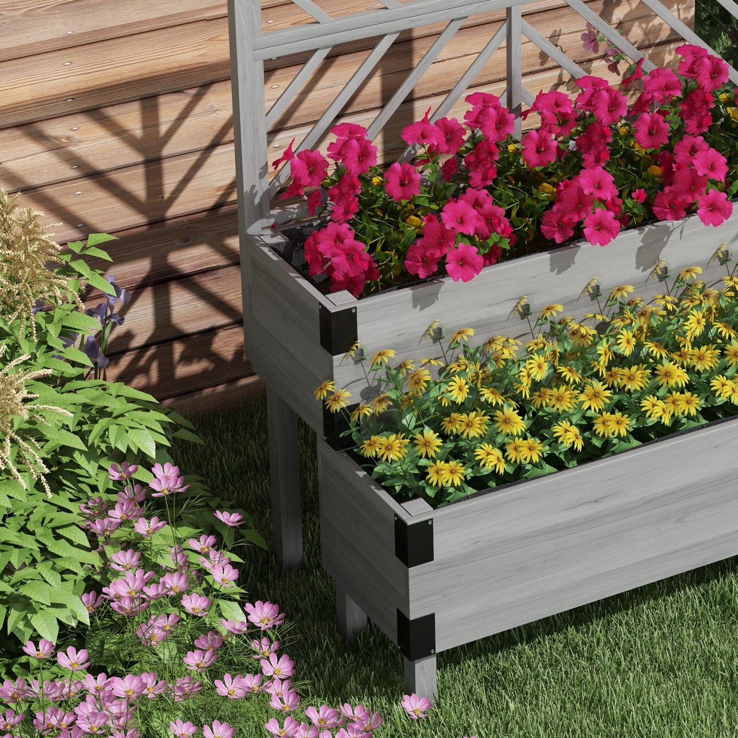 Raised Garden Bed with Trellis, 2 Tier Wooden Elevated Planter Box with Legs and Metal Corners for Vegetables, Flowers, Herbs, Grey