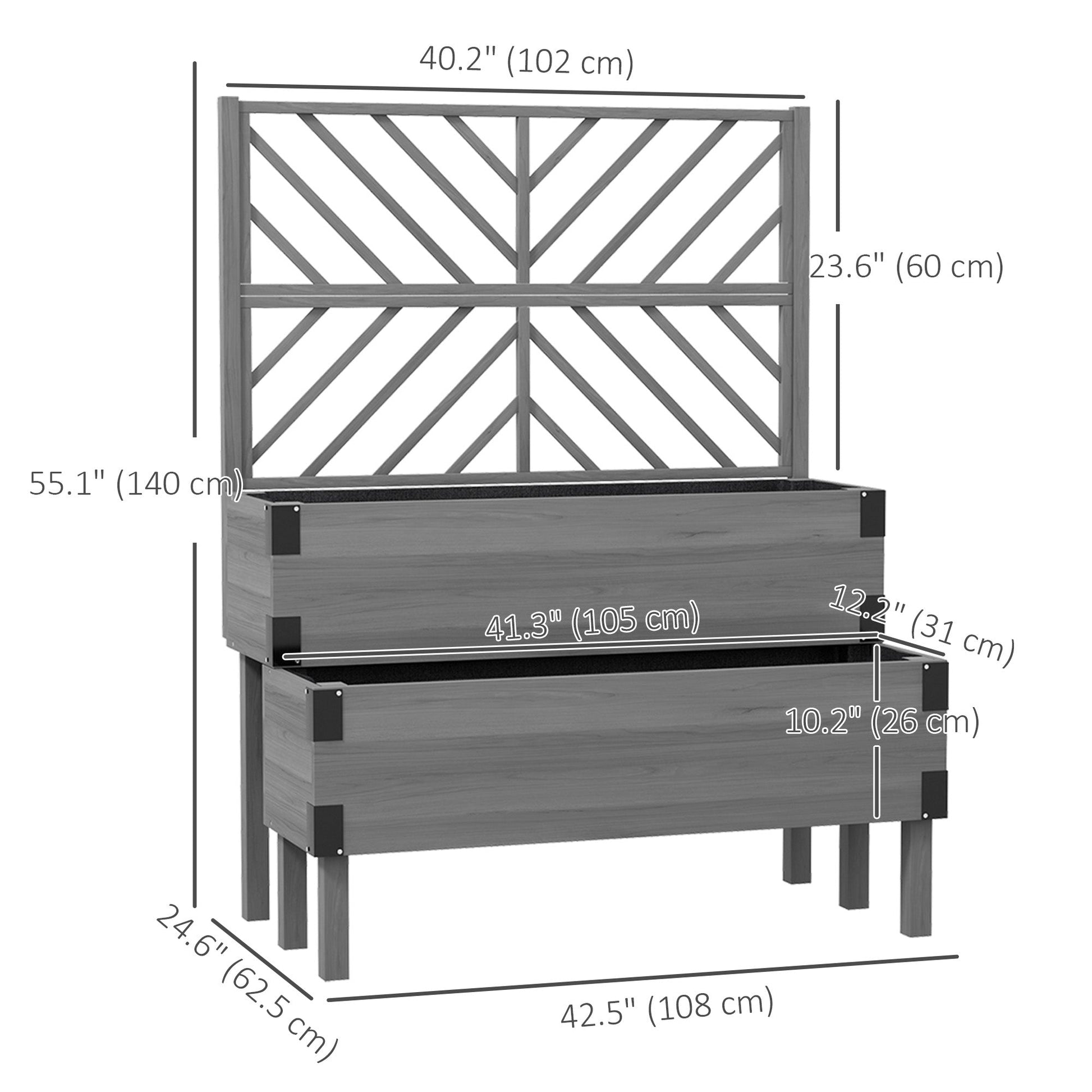 Raised Garden Bed with Trellis, 2 Tier Wooden Elevated Planter Box with Legs and Metal Corners for Vegetables, Flowers, Herbs, Grey