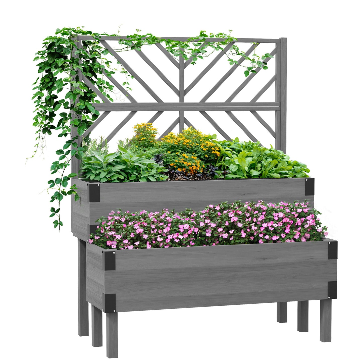 Raised Garden Bed with Trellis, 2 Tier Wooden Elevated Planter Box with Legs and Metal Corners for Vegetables, Flowers, Herbs, Grey