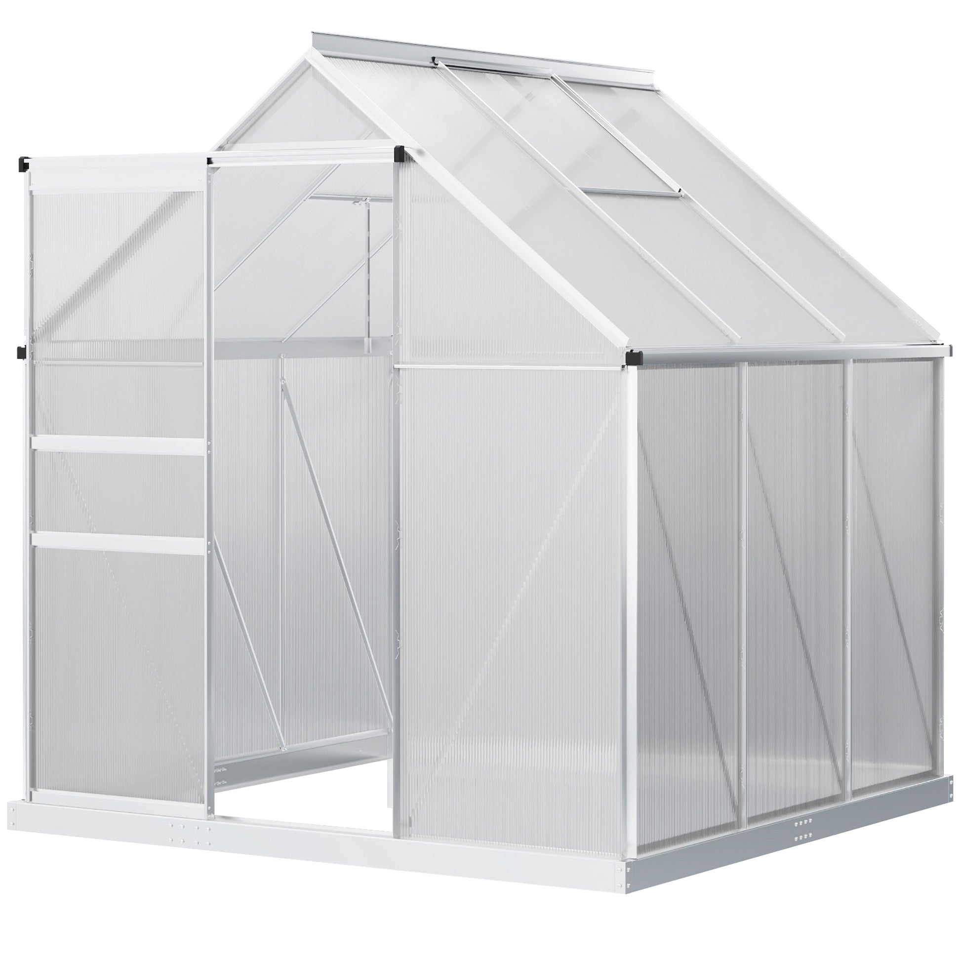 6' x 6' x 6.5' Polycarbonate Greenhouse, Walk-in Green House with Adjustable Roof Vent, Galvanized Base, Sliding Door and Rain Gutter for Outdoor, Garden, Backyard, Clear