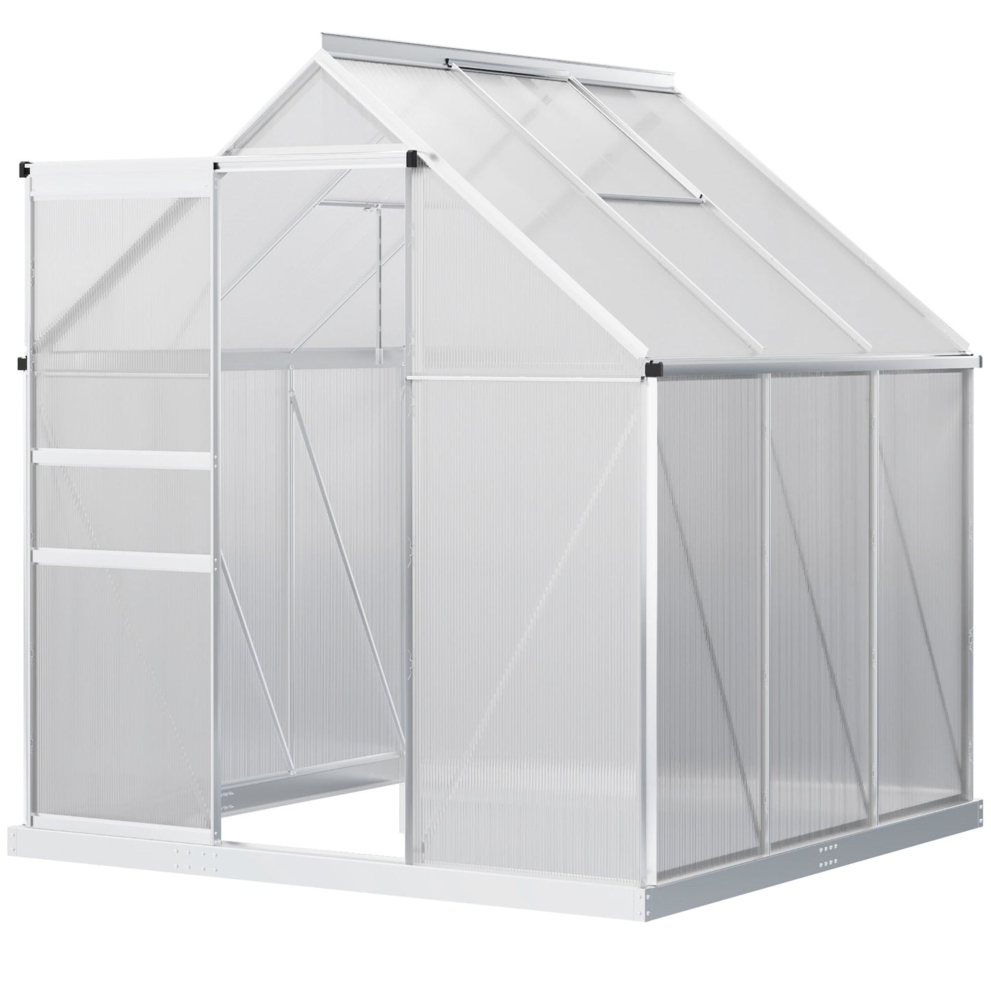 6' x 6' x 6.5' Polycarbonate Greenhouse, Walk-in Green House with Adjustable Roof Vent, Galvanized Base, Sliding Door and Rain Gutter for Outdoor, Garden, Backyard, Clear