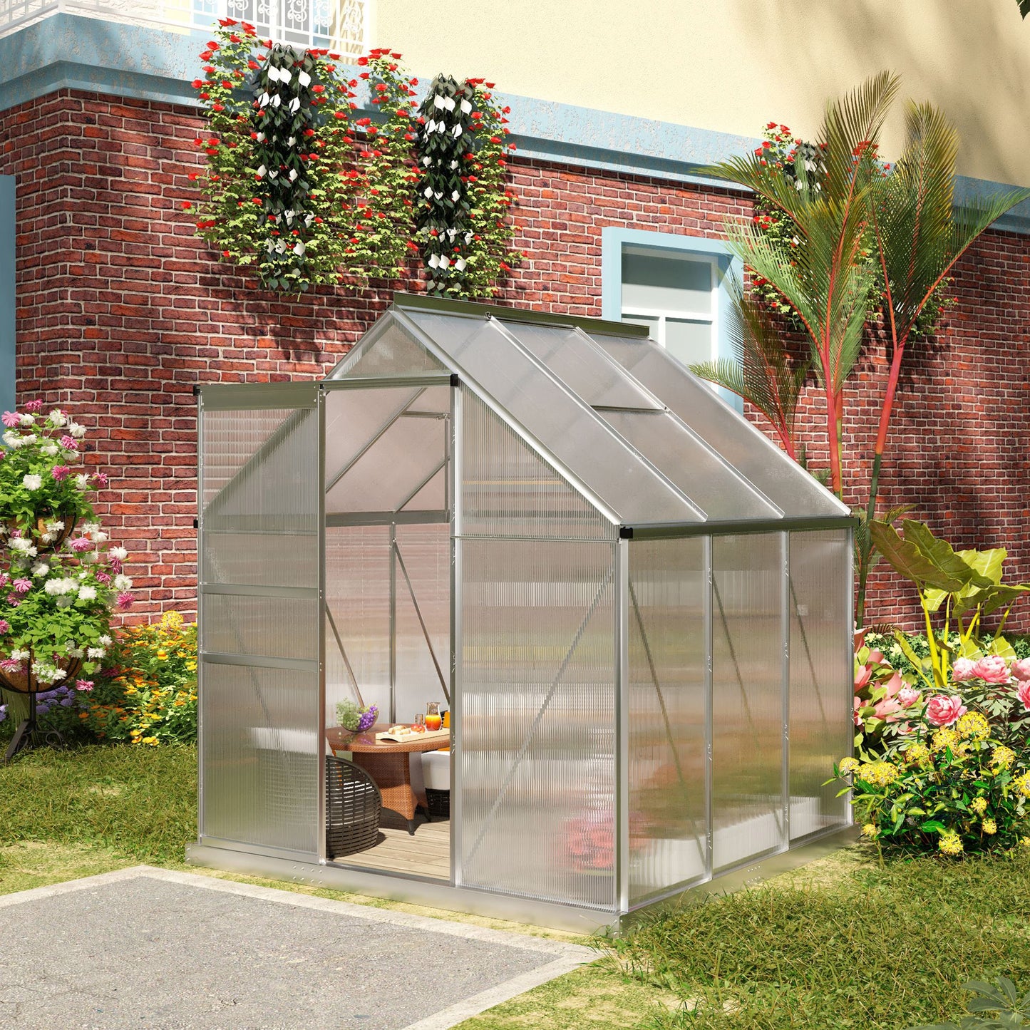 6' x 6' x 6.5' Polycarbonate Greenhouse, Walk-in Green House with Adjustable Roof Vent, Galvanized Base, Sliding Door and Rain Gutter for Outdoor, Garden, Backyard, Clear