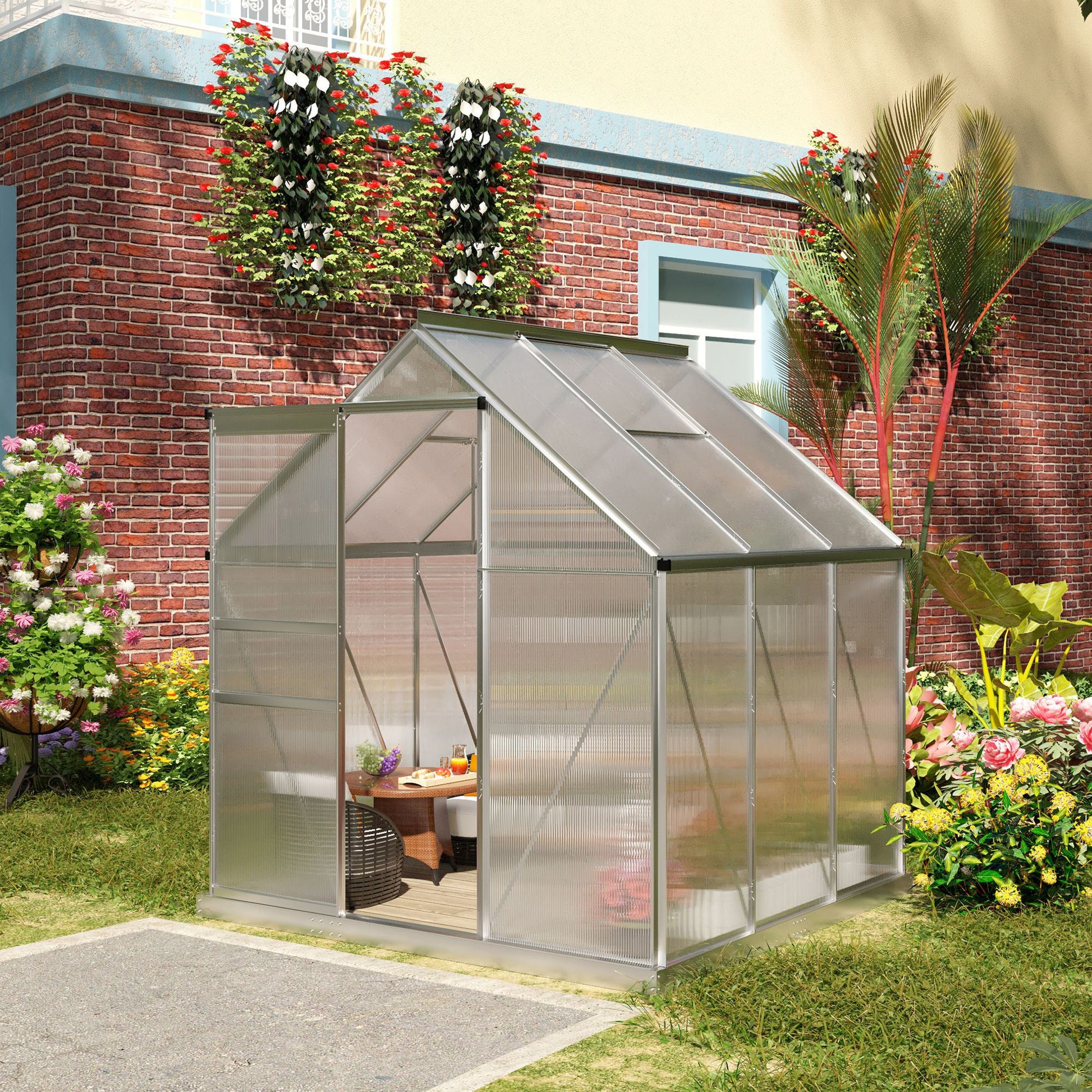 6' x 6' x 6.5' Polycarbonate Greenhouse, Walk-in Green House with Adjustable Roof Vent, Galvanized Base, Sliding Door and Rain Gutter for Outdoor, Garden, Backyard, Clear