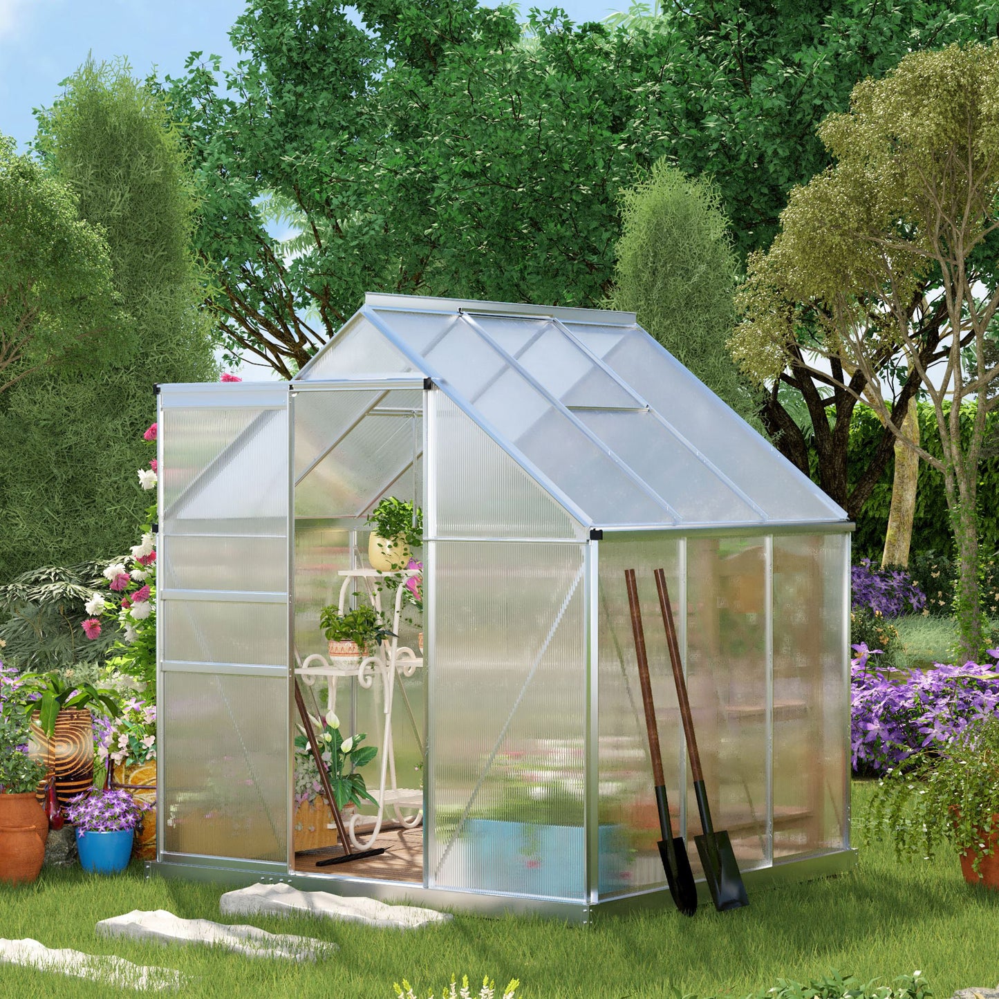 6' x 6' x 6.5' Polycarbonate Greenhouse, Walk-in Green House with Adjustable Roof Vent, Galvanized Base, Sliding Door and Rain Gutter for Outdoor, Garden, Backyard, Clear